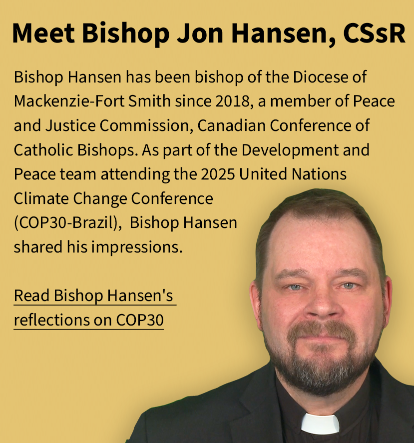 Image of Bishop Jon Hansen, a man with a beard and short hair, wearing a clerical shirt with a white collar, against a yellow background with black text about his role and reflections on COP30.