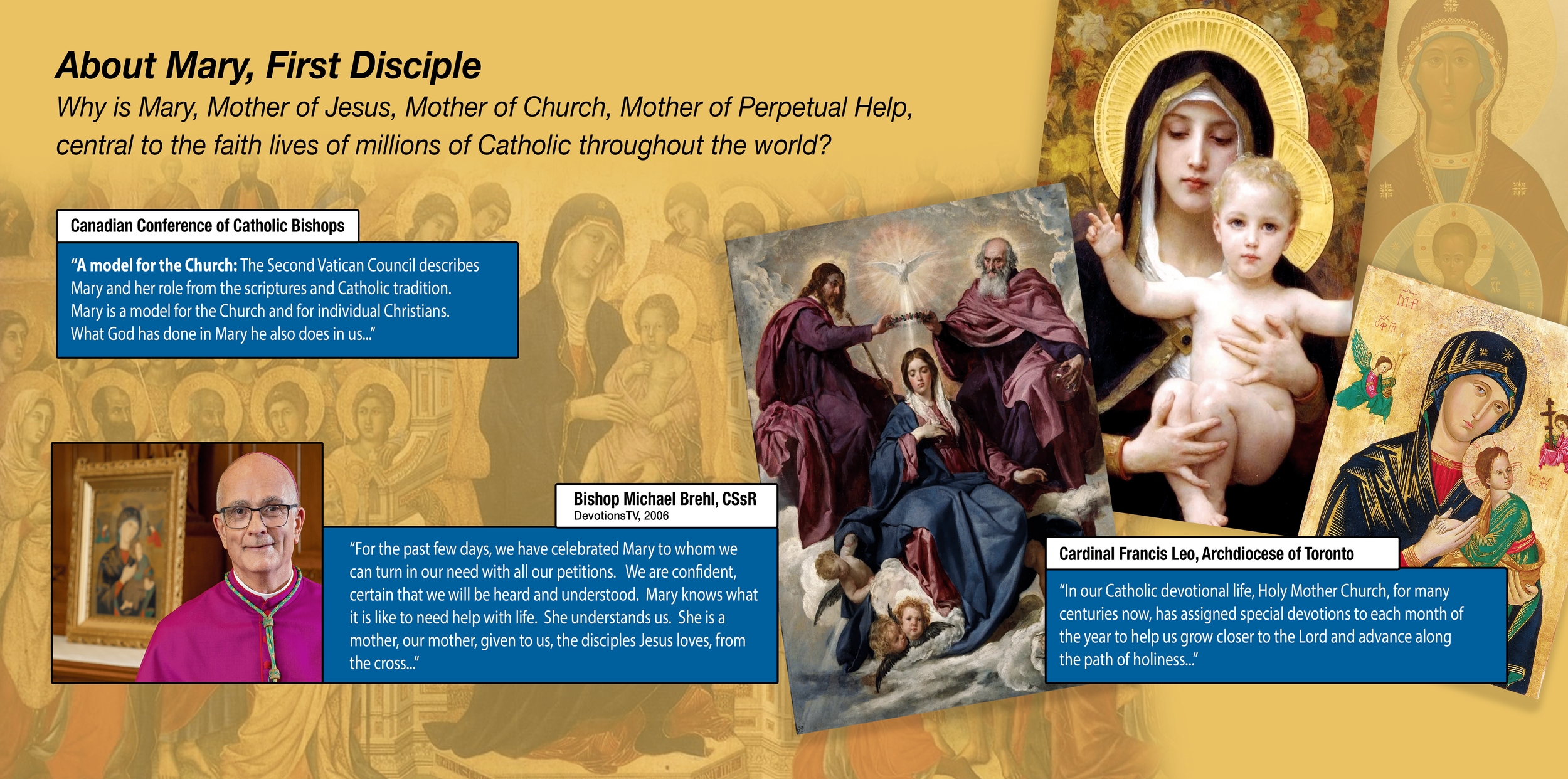 A graphic about Mary, Mother of Jesus, featuring religious images, a painting of the Annunciation, and a photograph of a bishop in a pink vestment, with text discussing Mary's role in the Catholic faith.