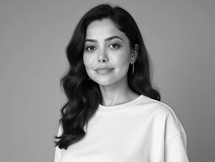 A young woman with long, wavy dark hair, wearing a light-colored top and hoop earrings, looking at the camera with a slight smile in a black-and-white portrait.