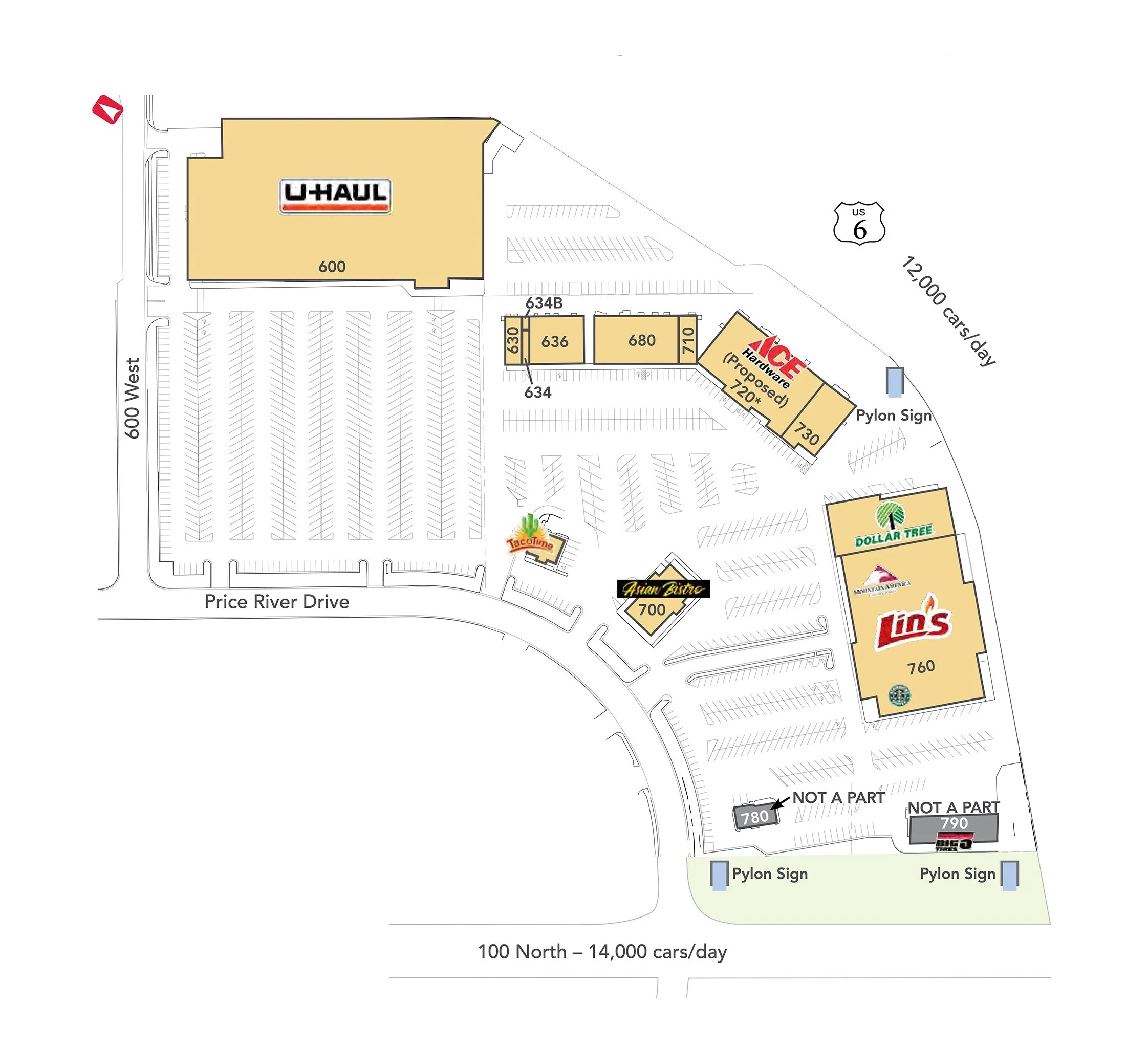 Shopping center layout map showing various stores including U-Haul, ACE Hardware, Dollar Tree, Lins, Asian Bistro, TacoTime, and others, with parking lots, road access, and directional signs.