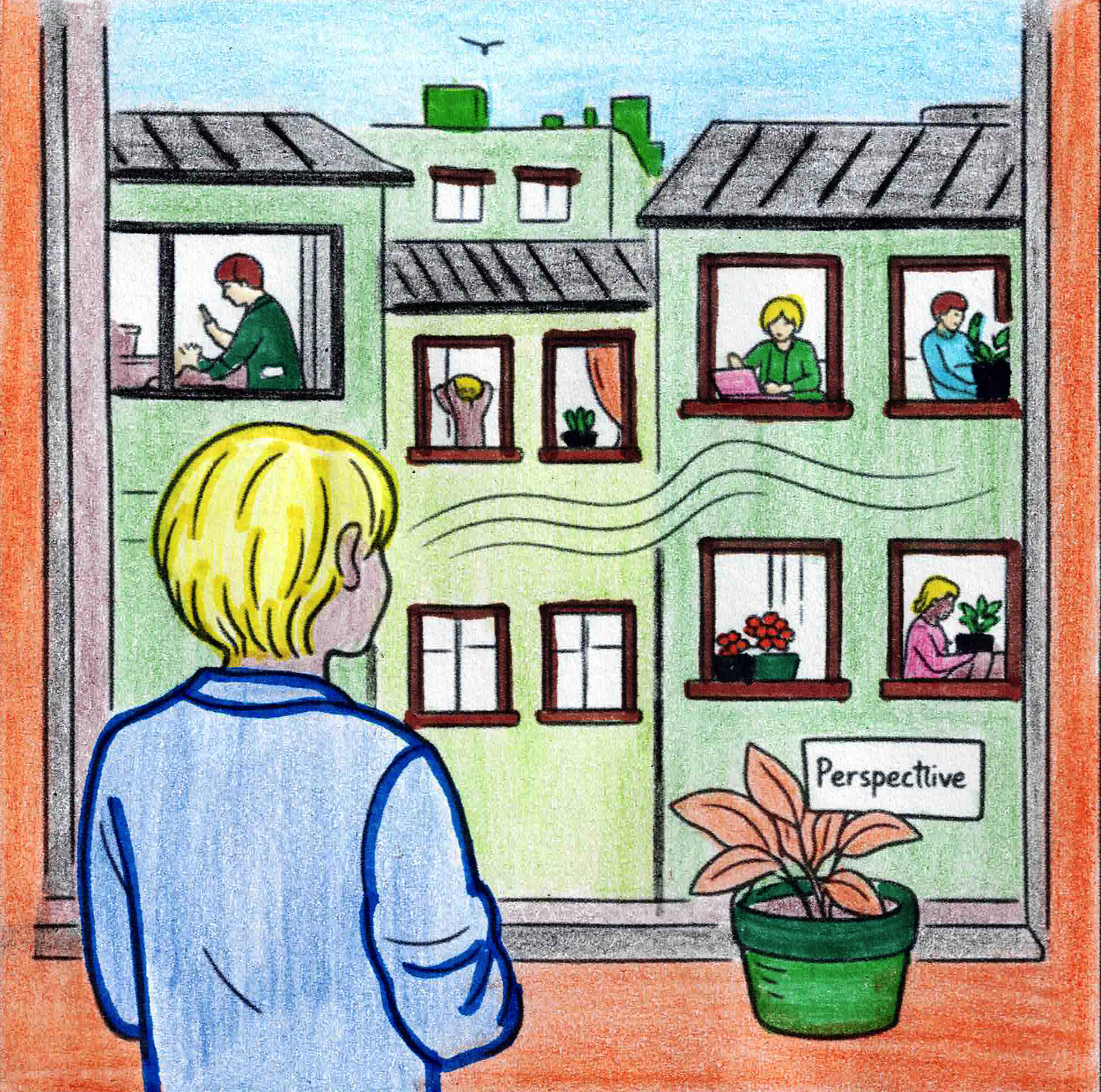 An image of someone looking out their window, towards neighbouring apartment homes