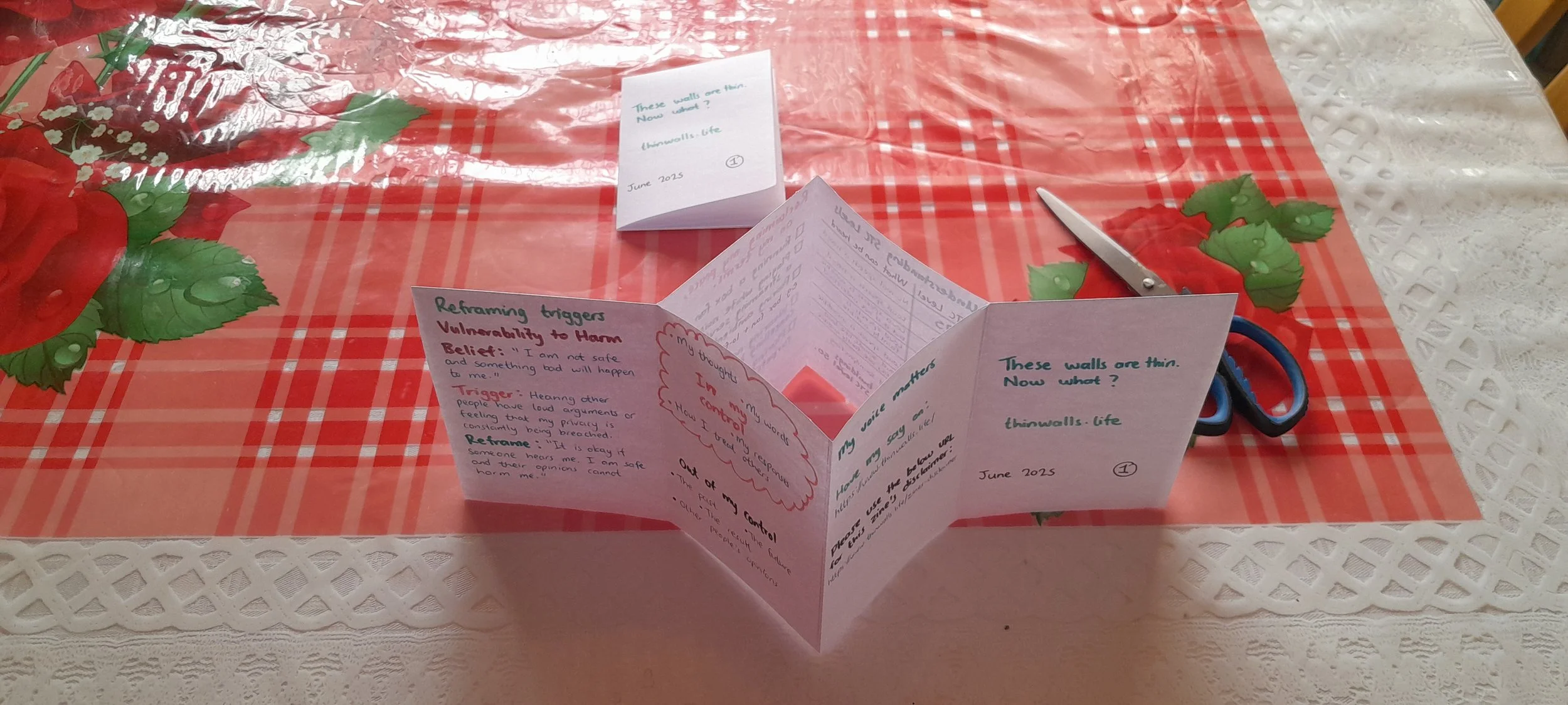 The zine is pushed inwards, forming a diamond opening at its centre.