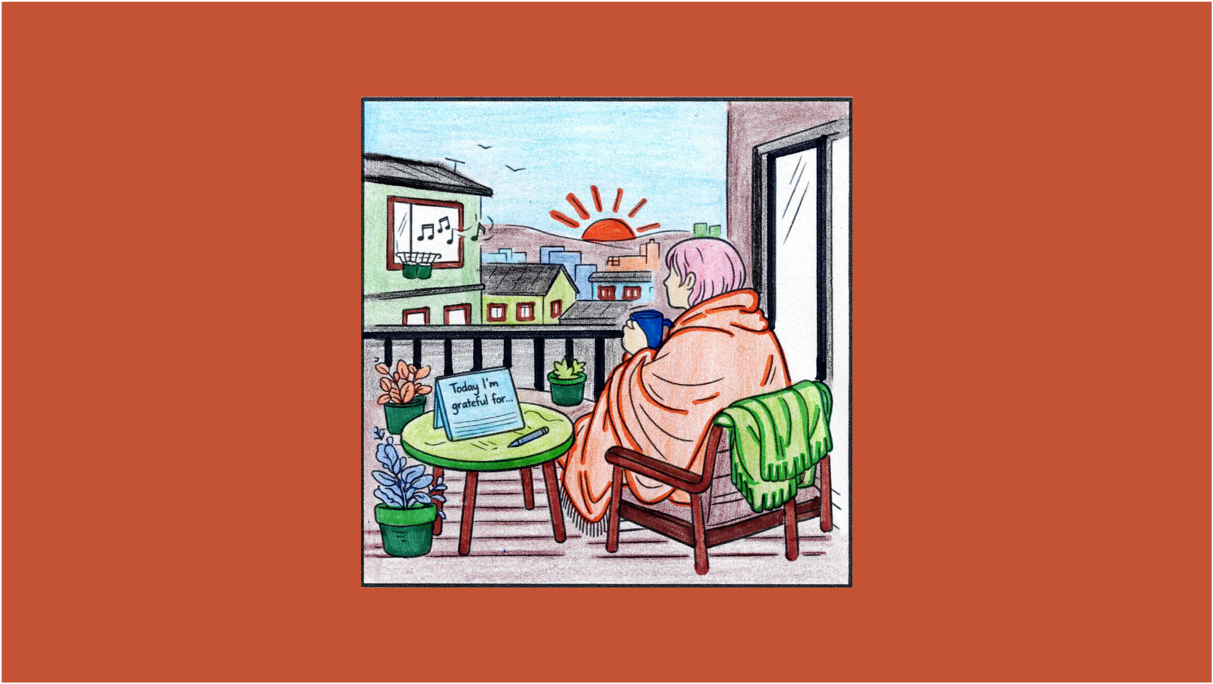 A person sitting on their apartment balcony.