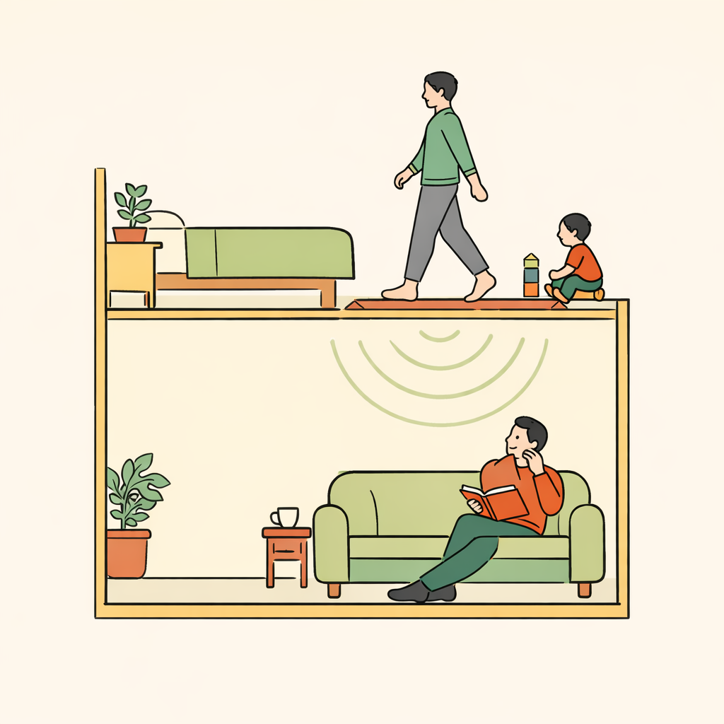 Minimalist cross-section of a apartment. In the upper unit, an adult walks across a rug while a toddler plays nearby. In the lower unit, a resident sits on a sofa while looking upward thoughtfully. Soft curved lines represent sound traveling.
