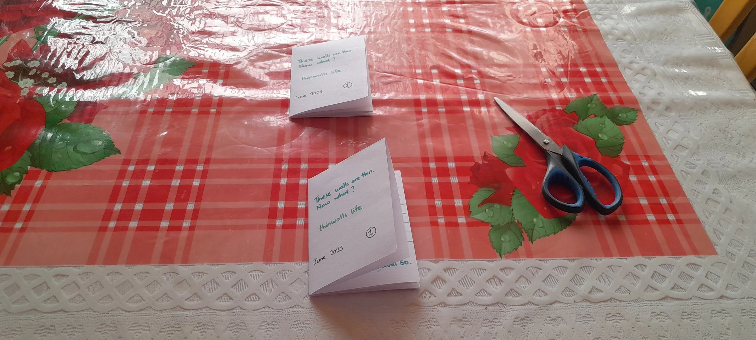 Completed Thin Walls mini zine folded into a small booklet on the table.