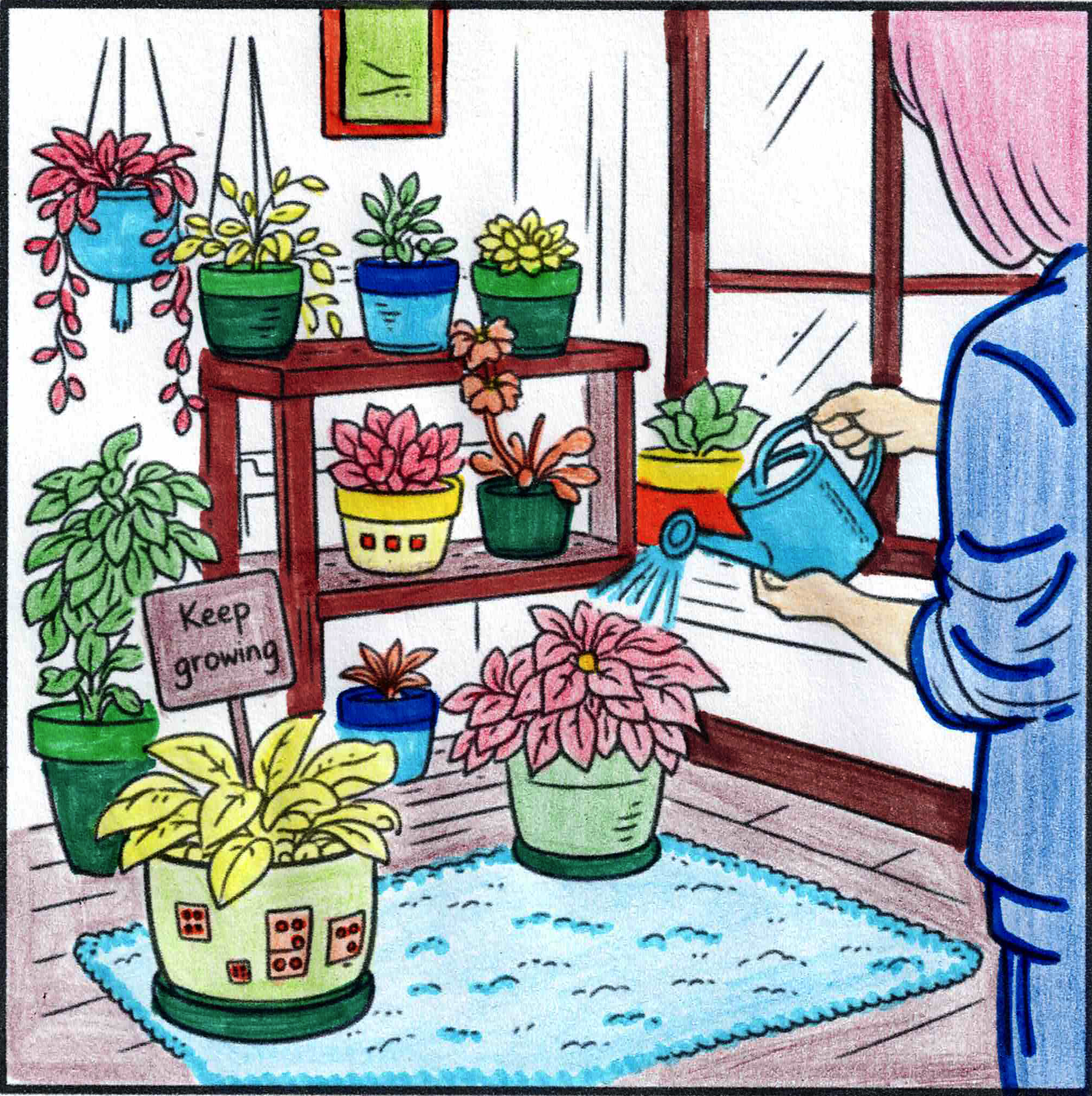 Hand-coloured colouring page of a cosy indoor plant corner, with a person watering a collection of colourful potted and hanging plants beside a large window. A small sign among the plants reads, “Keep growing.”