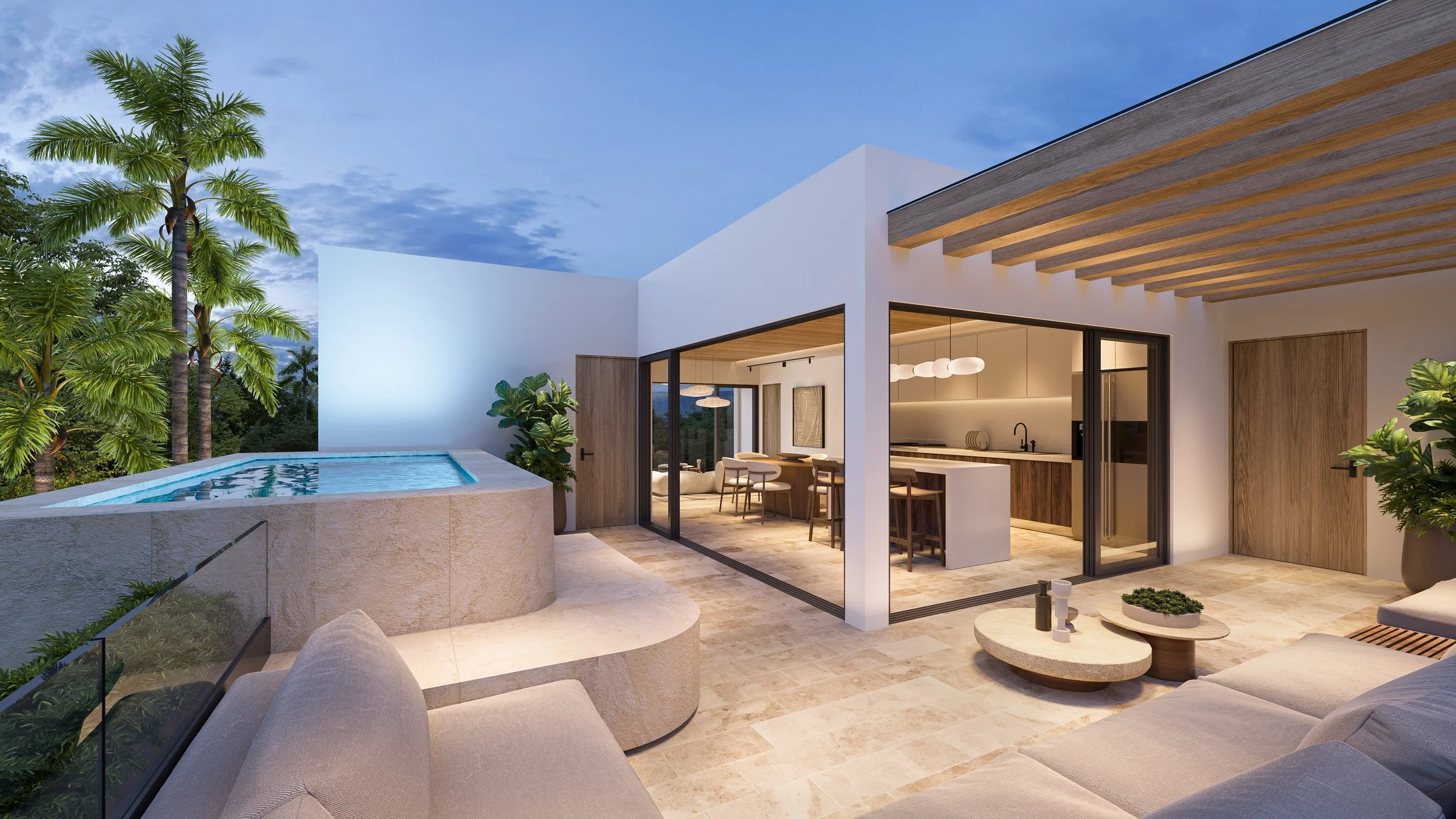 Modern outdoor patio with a hot tub, beige sofa, and wooden accents, overlooking a lush tropical landscape at dusk.