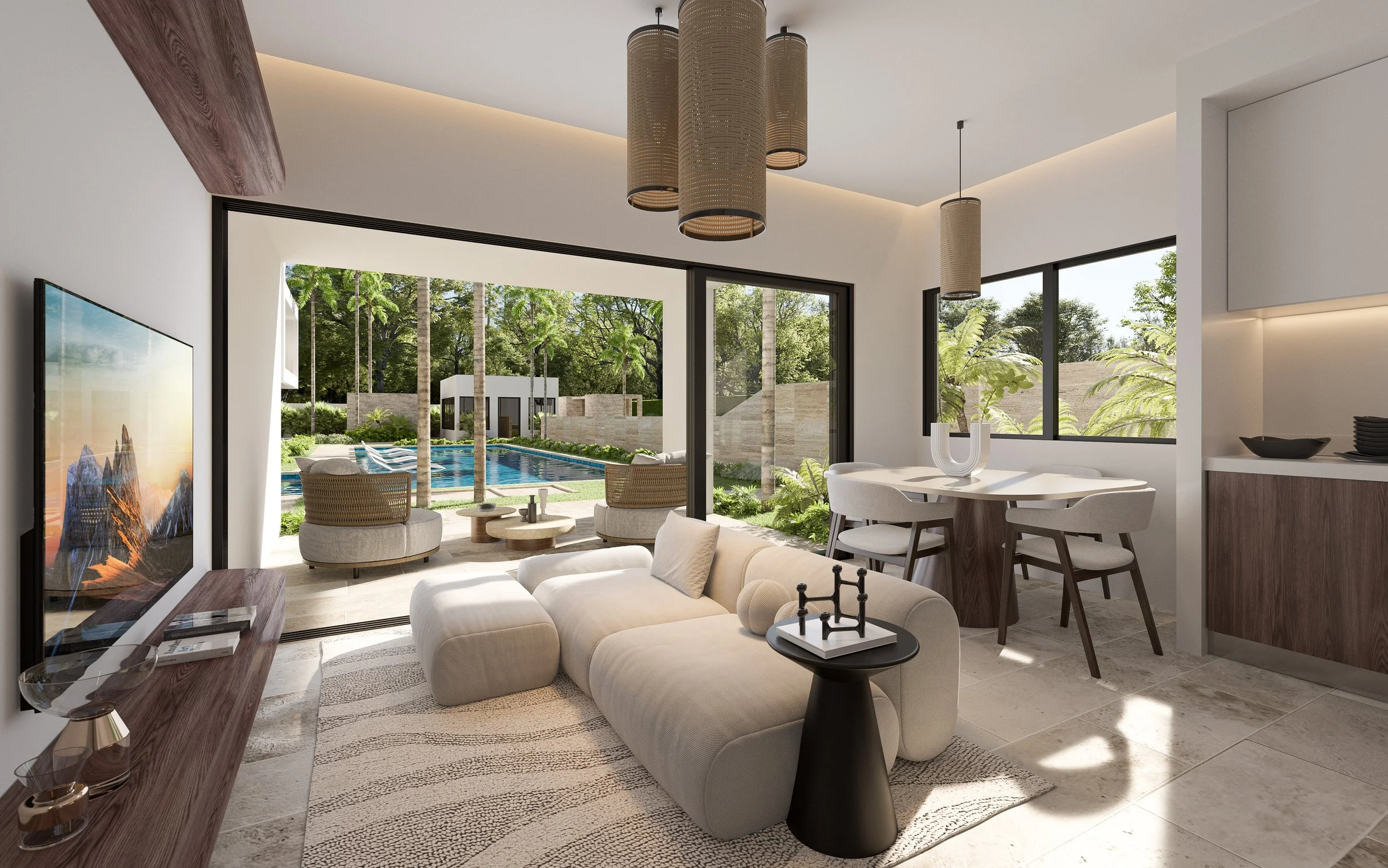 Modern living room with large sliding glass doors opening to a backyard with pool and outdoor seating, white walls, beige tiled floor, and contemporary furniture.