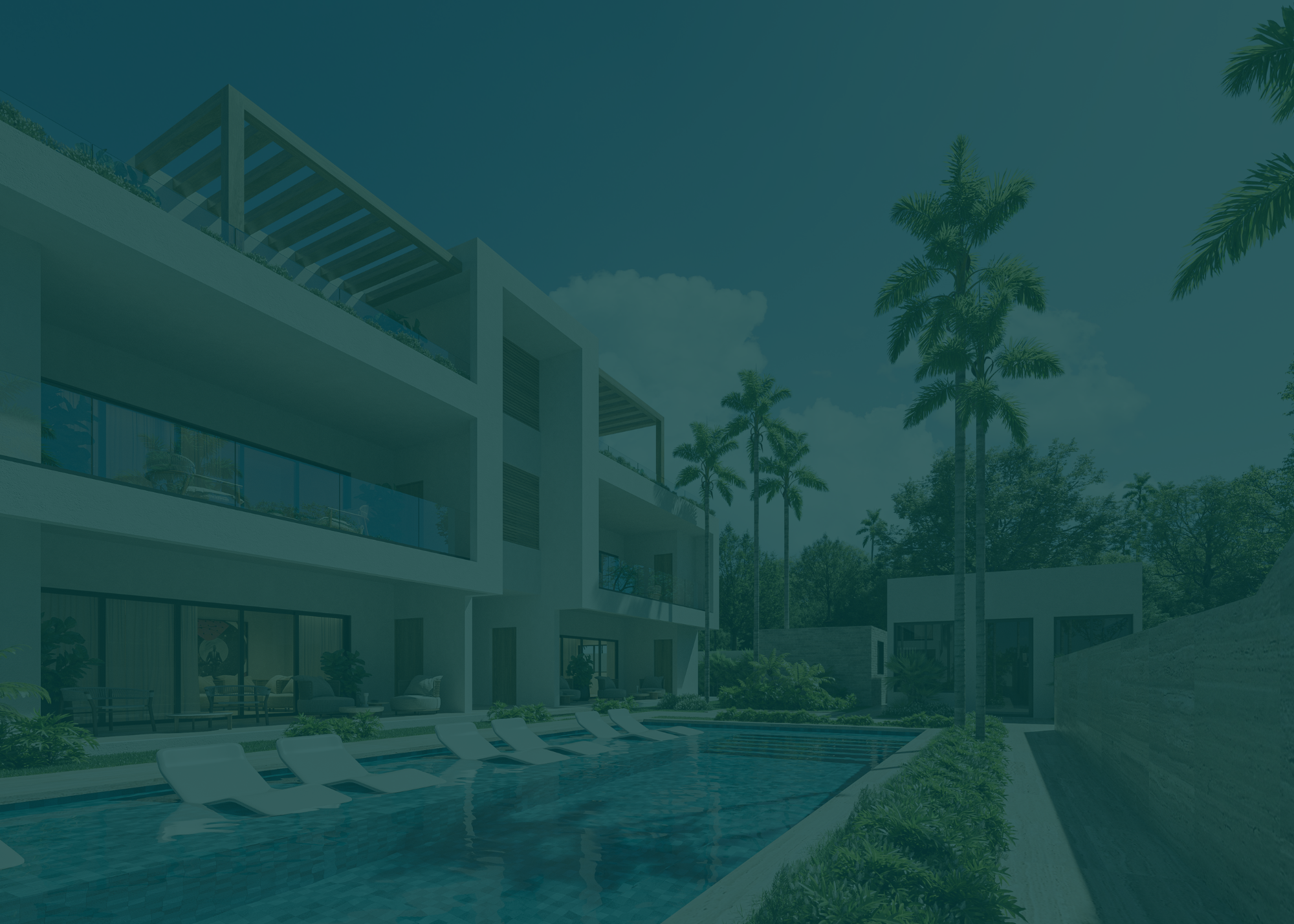 Modern multi-story building with balconies, overlooking a pool area with lounge chairs, surrounded by palm trees and lush greenery.