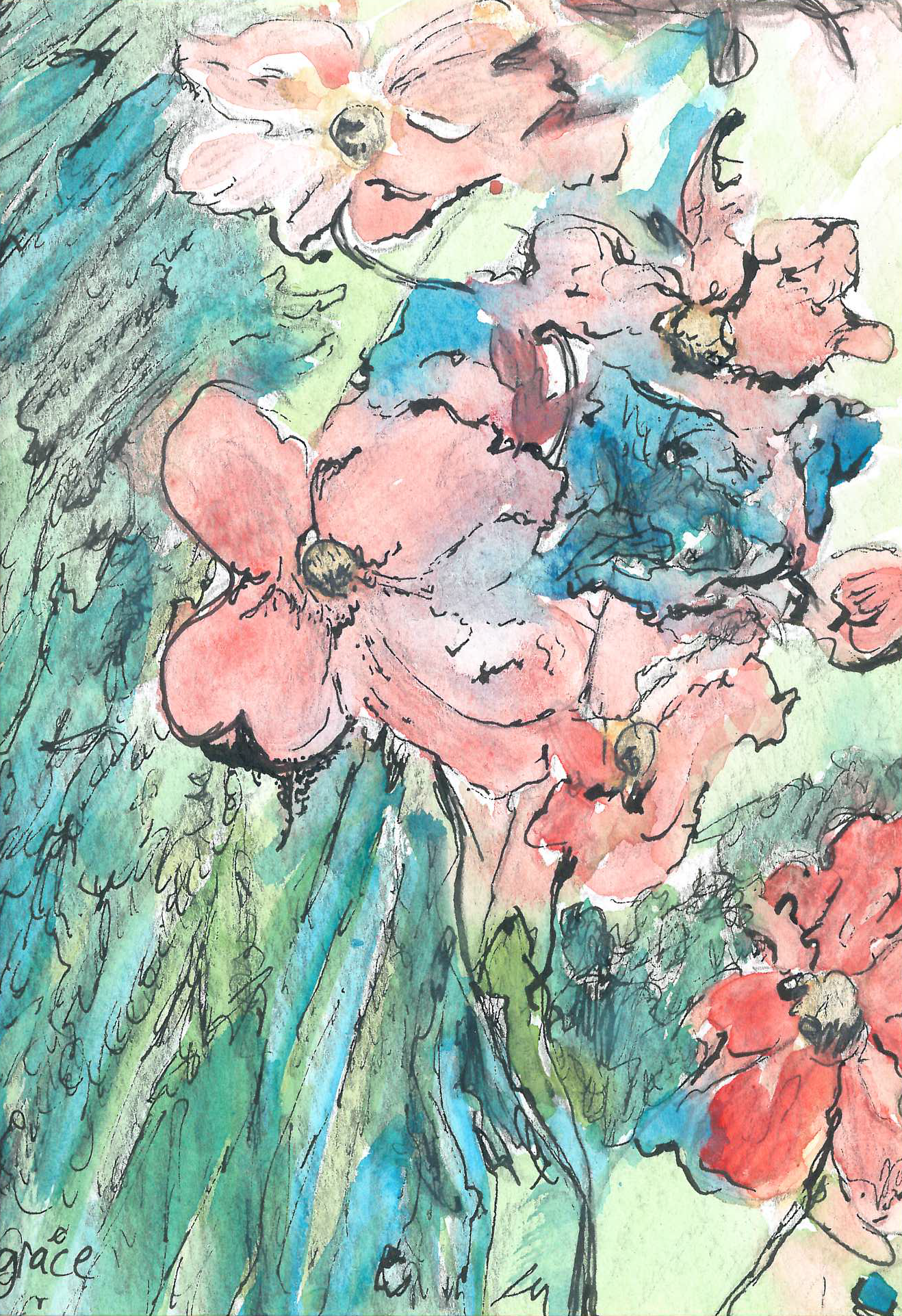 Windy Day, Pink Flowers (watercolor and ink).png