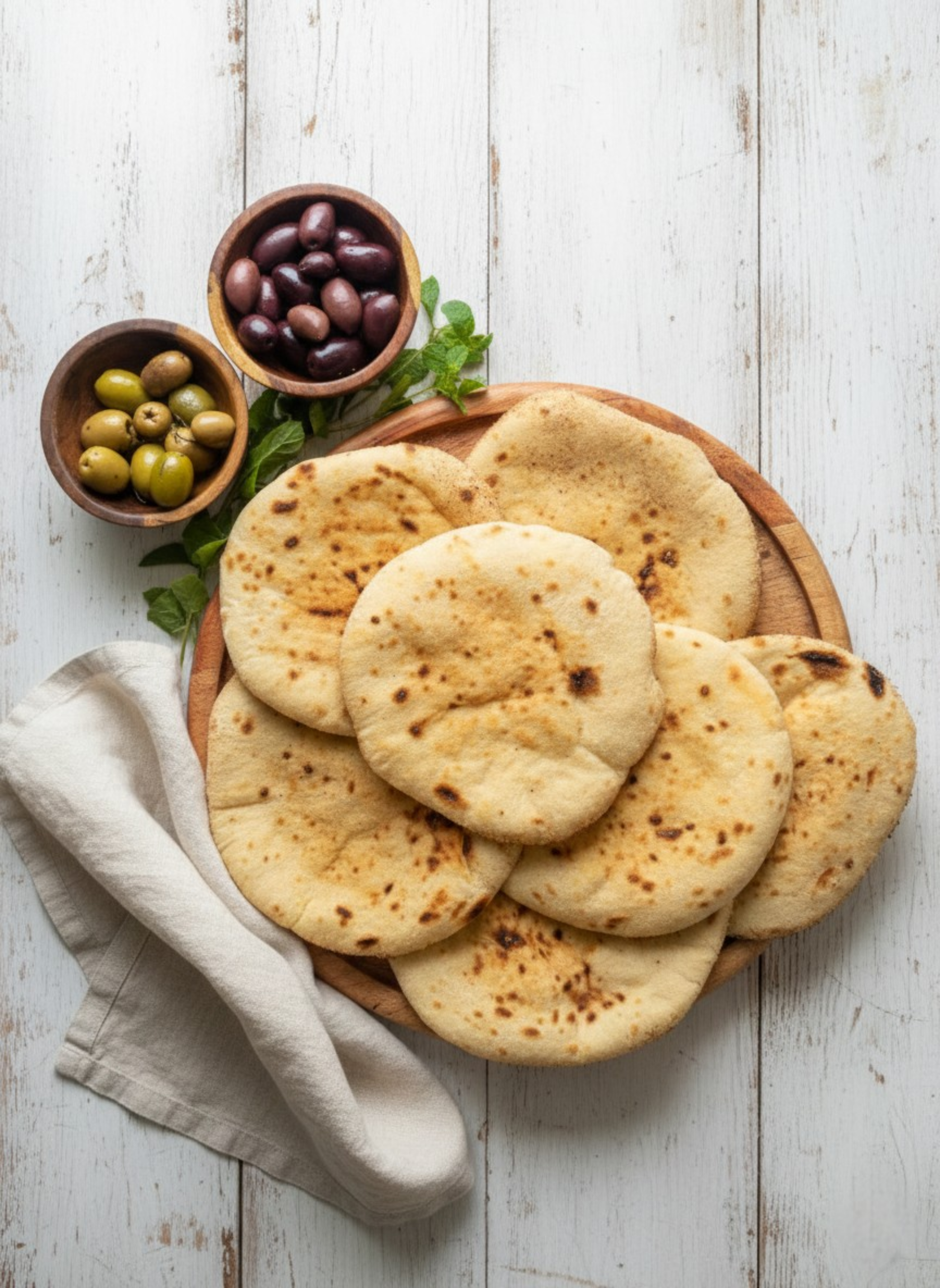 A plate of Egyptian Baladi bread with bowls of green and black olives on a white wooden surface.