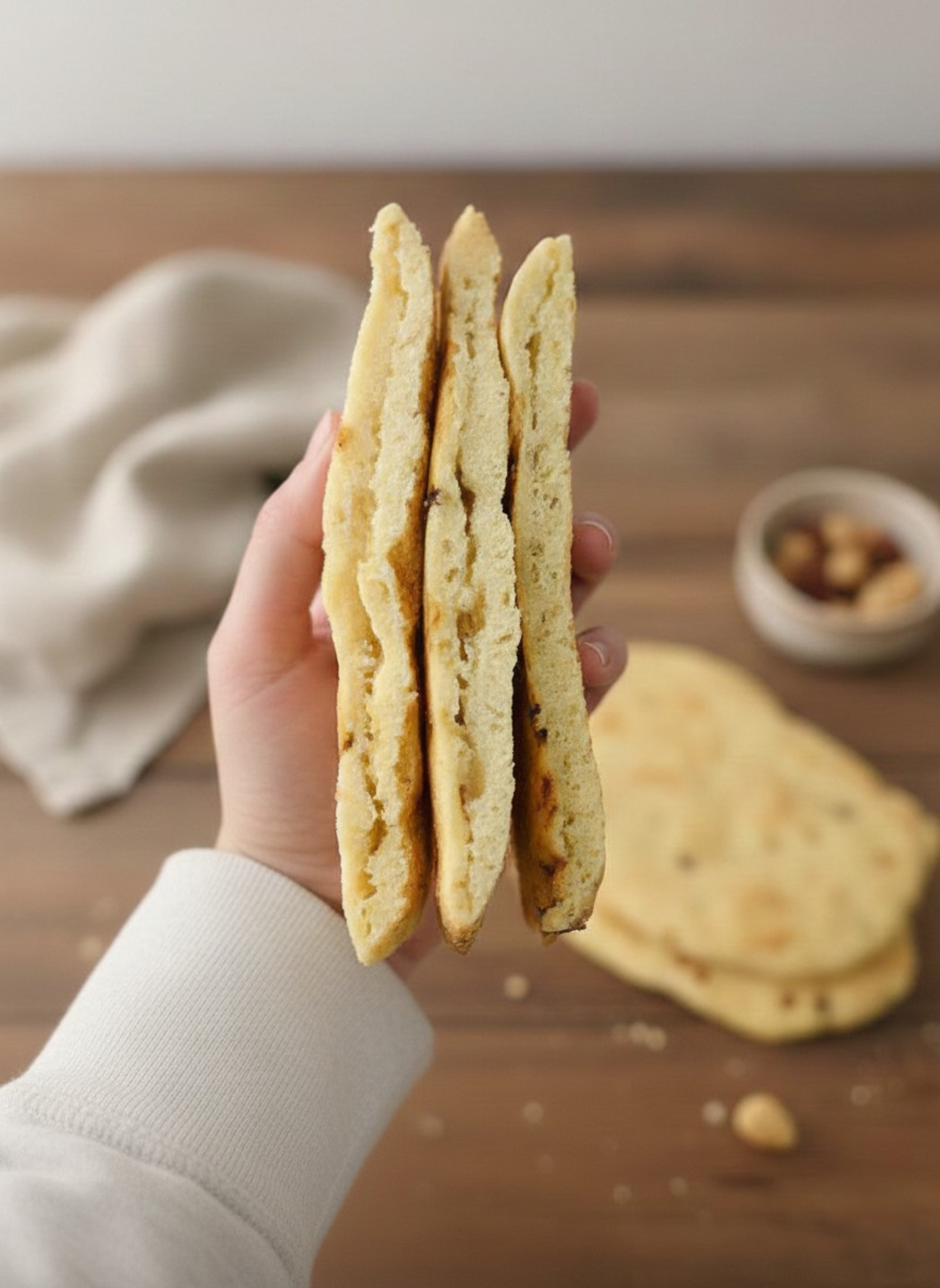Hand holding three slices of toasted flatbread with a golden-brown crust, on a wooden table with a bowl of chopped nuts and a flatbread in the background.