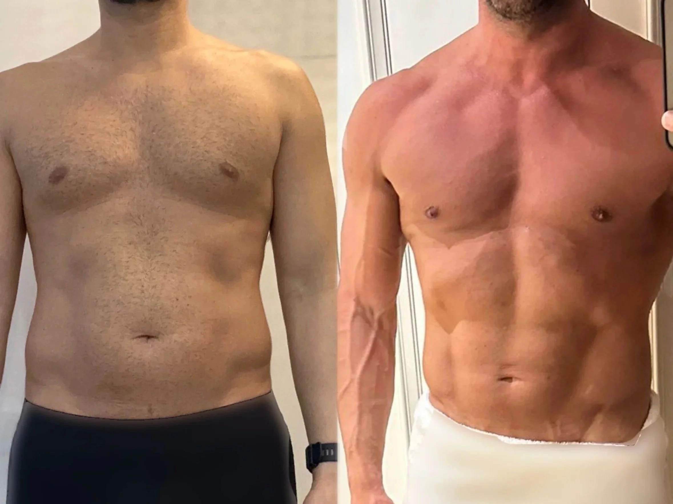 Vergleich eines männlichen Oberkörpers vor und nach Fitness- oder Diätprogramm, linkes Bild: weniger muskulös, rechte Bild: muskulöser, mit sichtbarer Bauchmuskulatur.