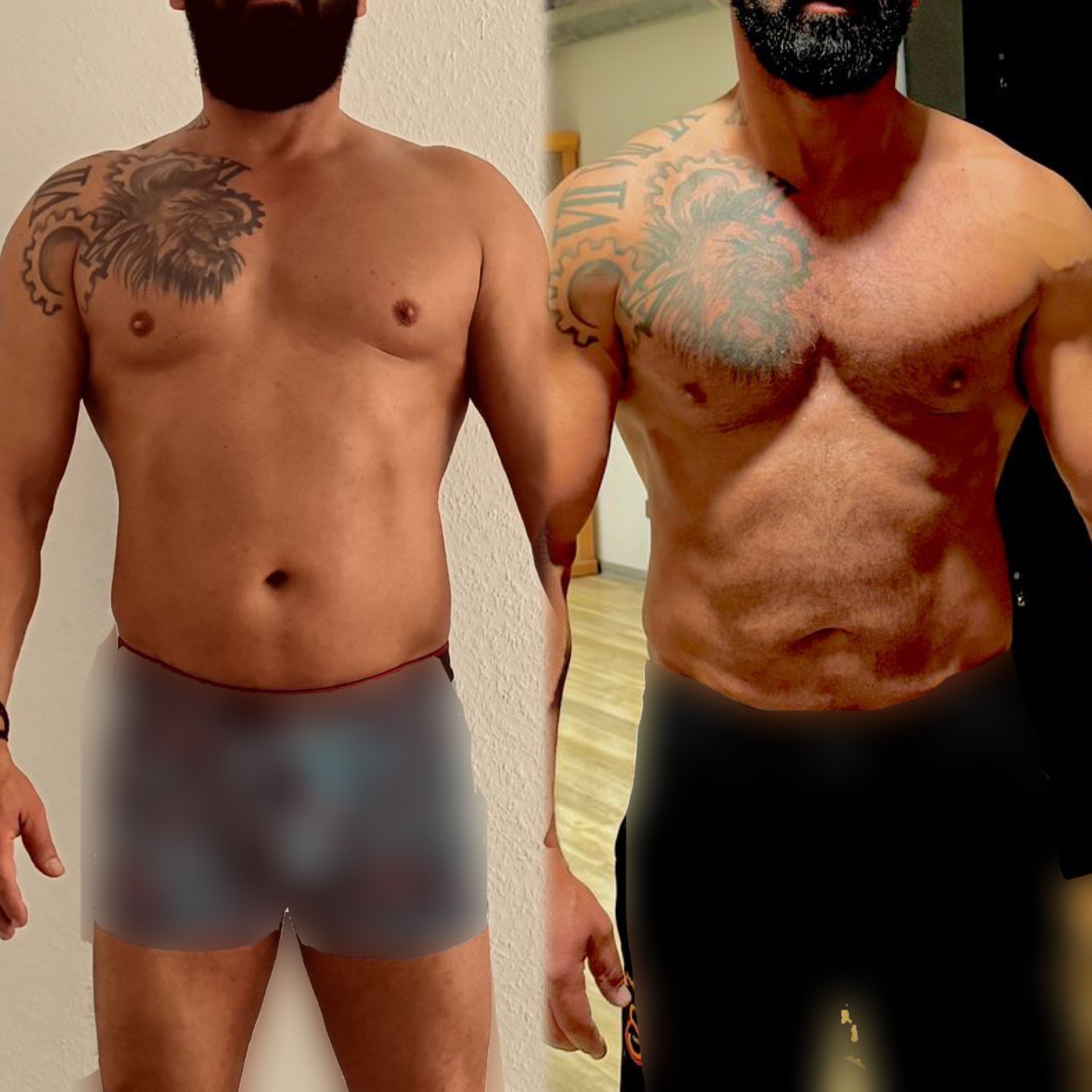 Zwei muskulöse Männer ohne Hemd, mit Tattoos an den Schultern, stehen nebeneinander in einer Innenaufnahme. Sie tragen Shorts.