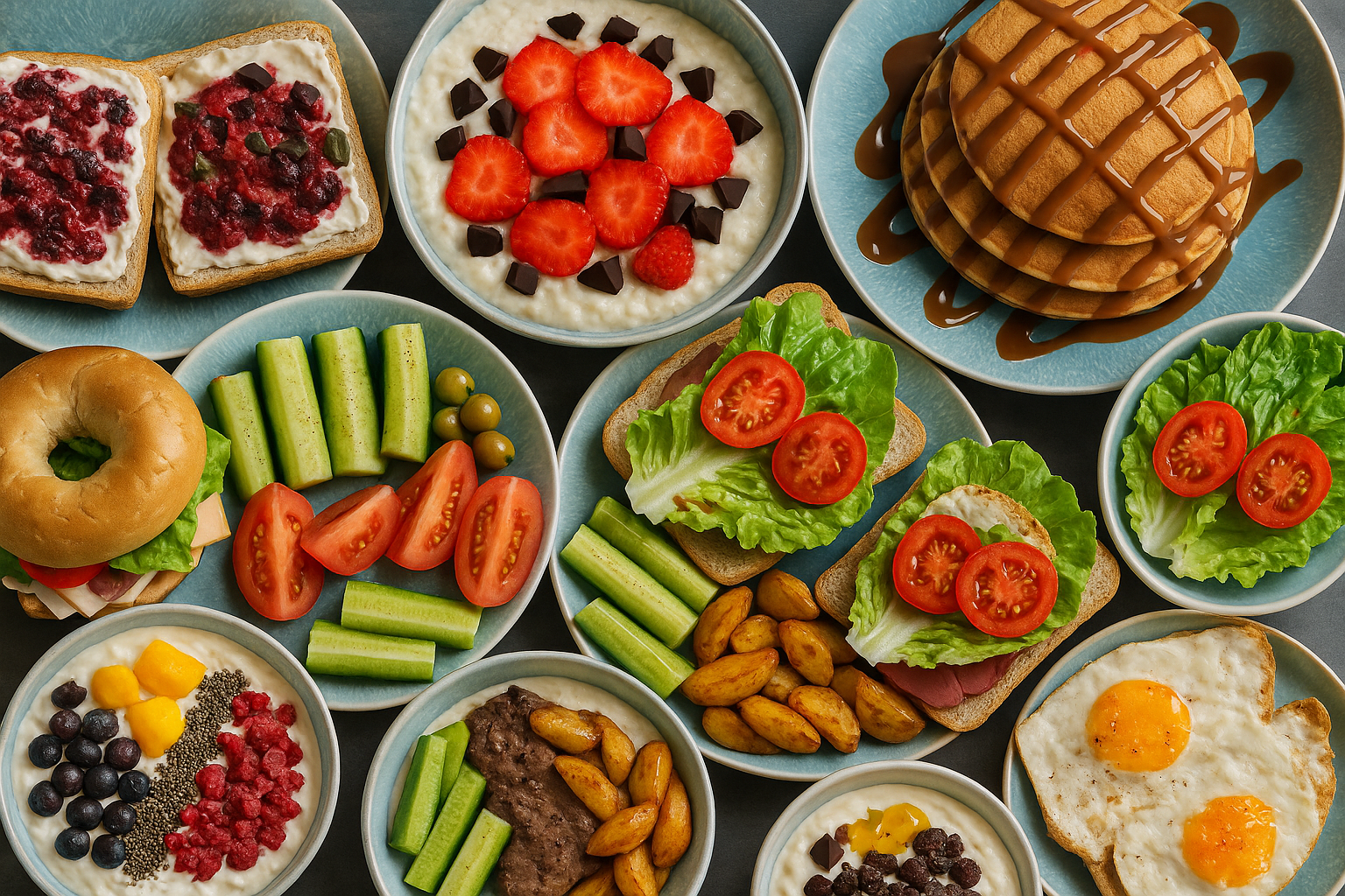 Frühstücksteller mit Bagel, Keksen, Sandwiches mit Tomaten und Salat, Obst, Joghurt mit Früchten, gebratenen Eiern und Snacks.