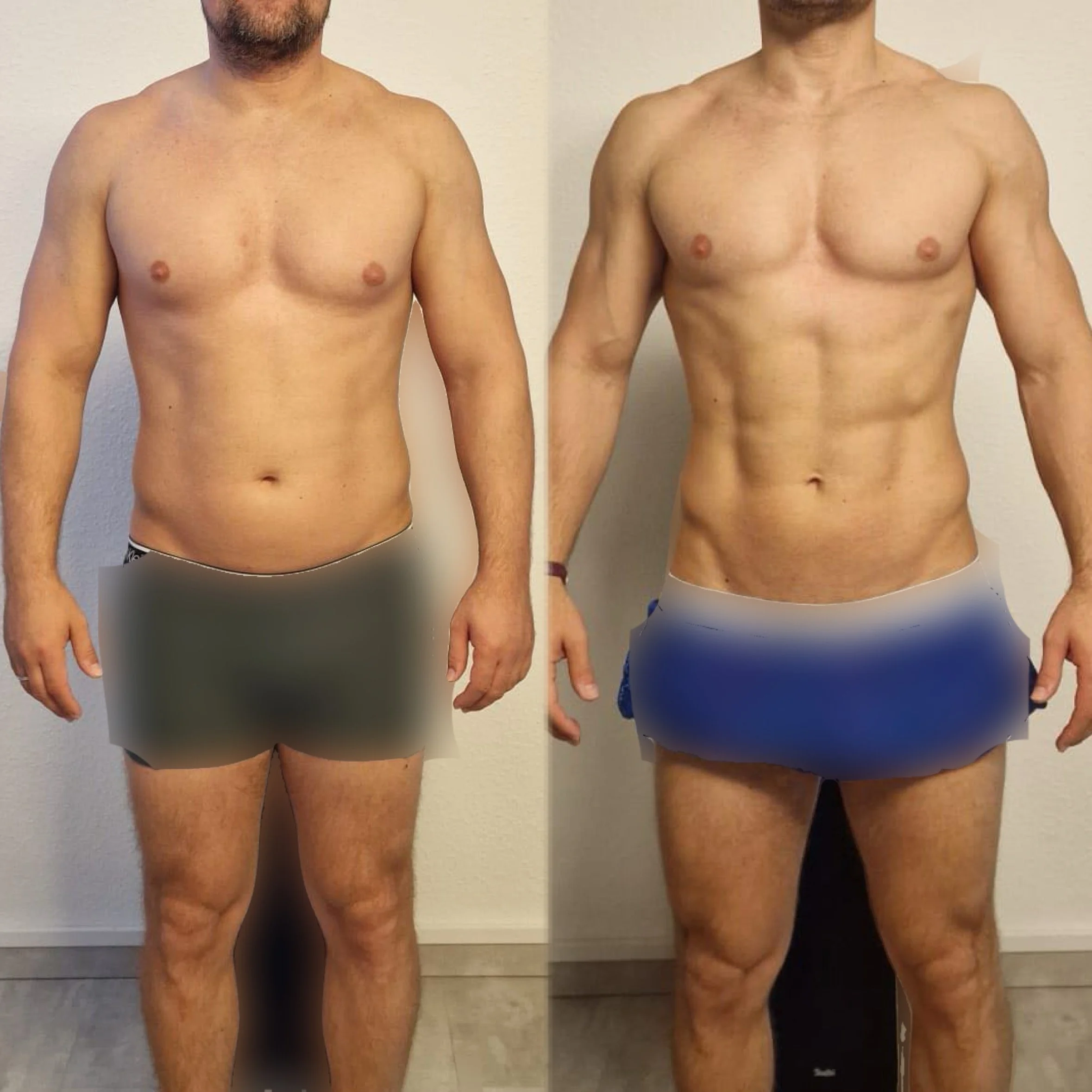Vorher-Nachher-Bild eines Mannes, der sich einer körperlichen Transformation unterzogen hat. Auf der linken Seite ist er mit mehr Körperfett, auf der rechten Seite muskulöser und definierter.