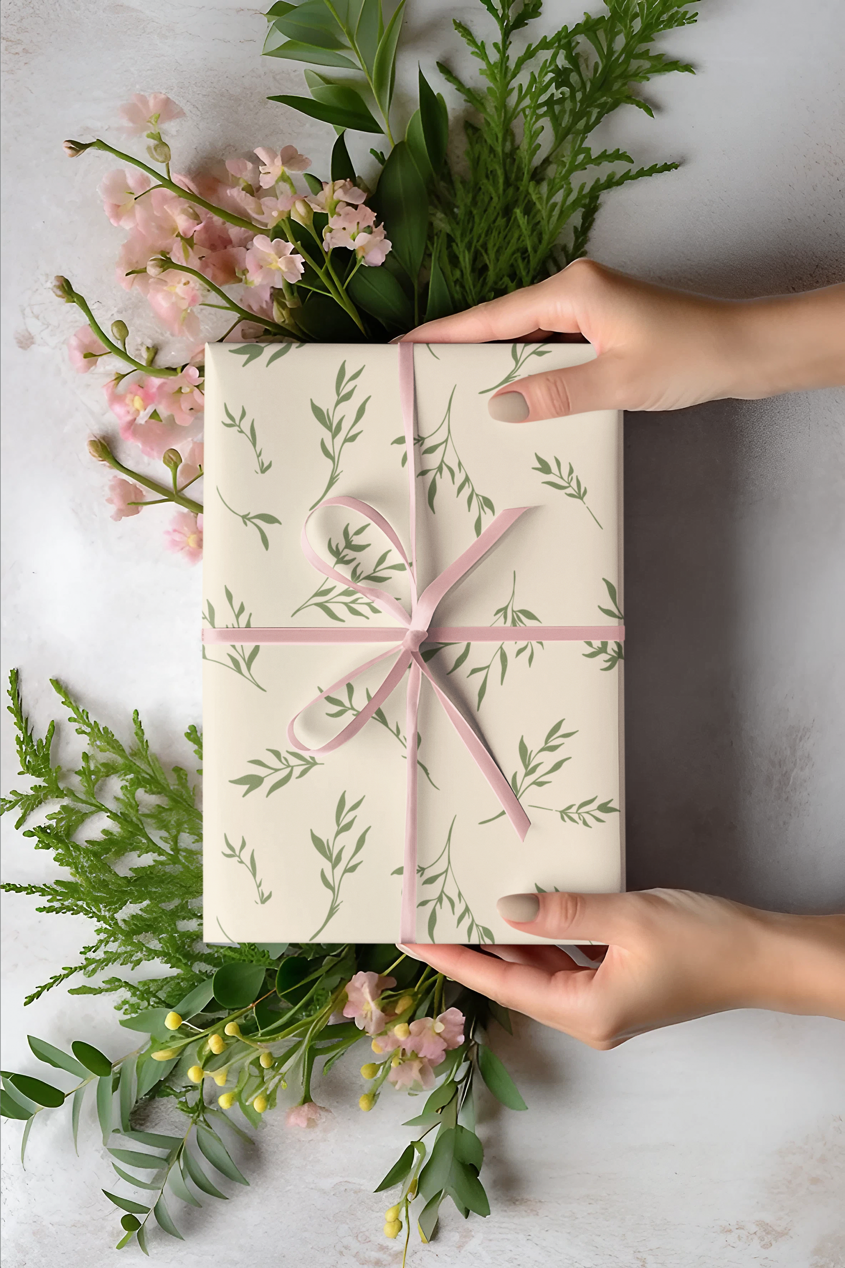 wrapping-paper-mockup-featuring-an-ai-generated-woman-and-a-gift-with-flowers-m35530.png