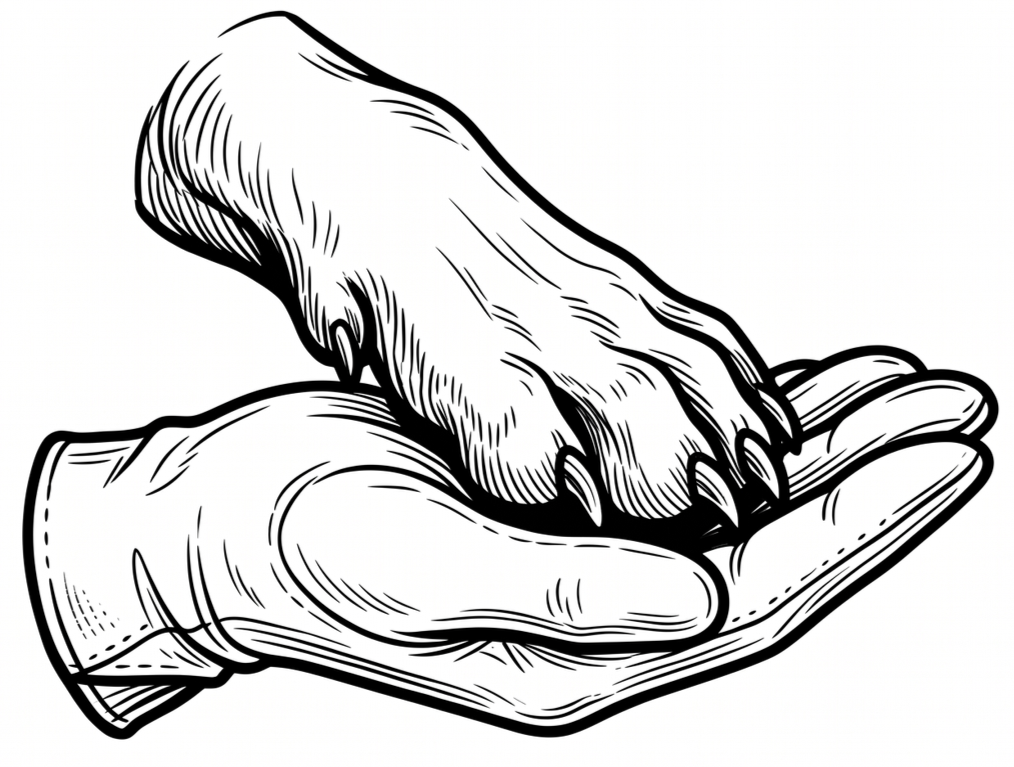 A black and white illustration of a hand with curved, claw-like nails clutching another hand.
