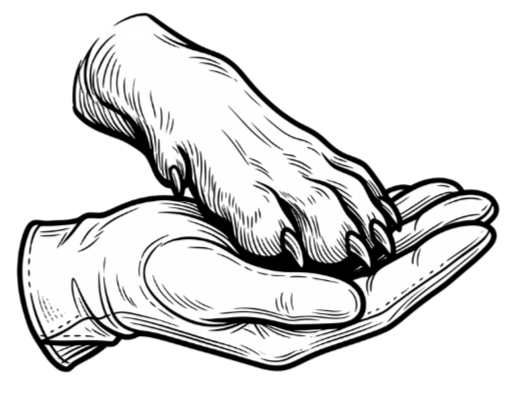 A black-and-white illustration of a human hand holding a small, clawed animal, such as a bird or a mammal.