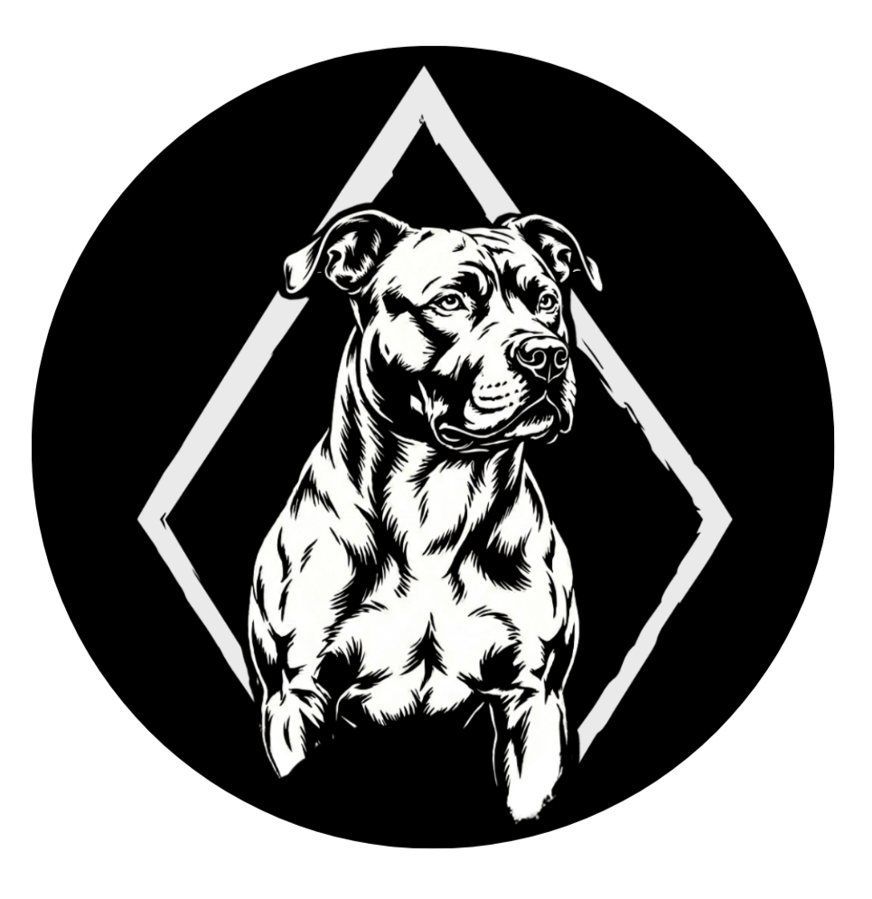 Black and white graphic of a dog, possibly a pitbull, inside a diamond outline on a black background.