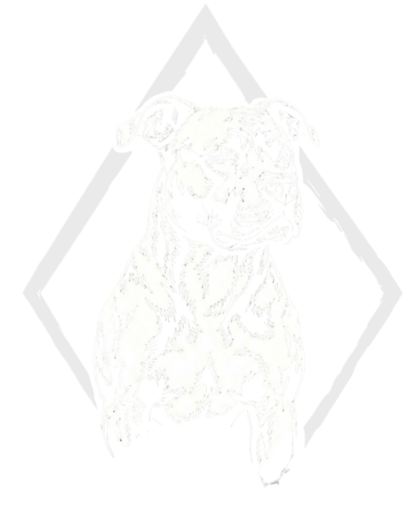Black and white illustration of a dog, likely a pitbull, sitting with a background of a large diamond shape.