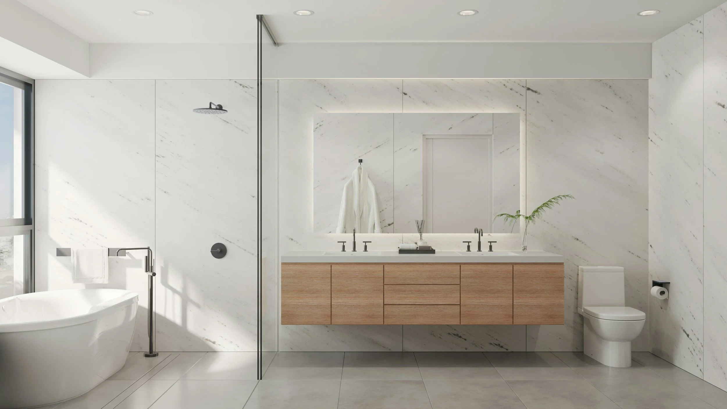 Modern bathroom featuring a large mirror, white marble walls, a floating wooden vanity with two sinks, a bathtub, a walk-in shower with a rain shower head, a white towel, a potted plant, and a toilet with a toilet paper holder.