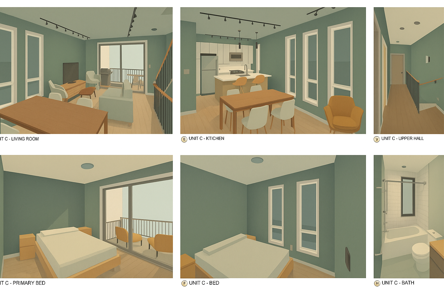 Six interior views of an apartment unit including a living room, kitchen, upper hall, primary bedroom, bed, and bathroom, with modern furniture and large windows.