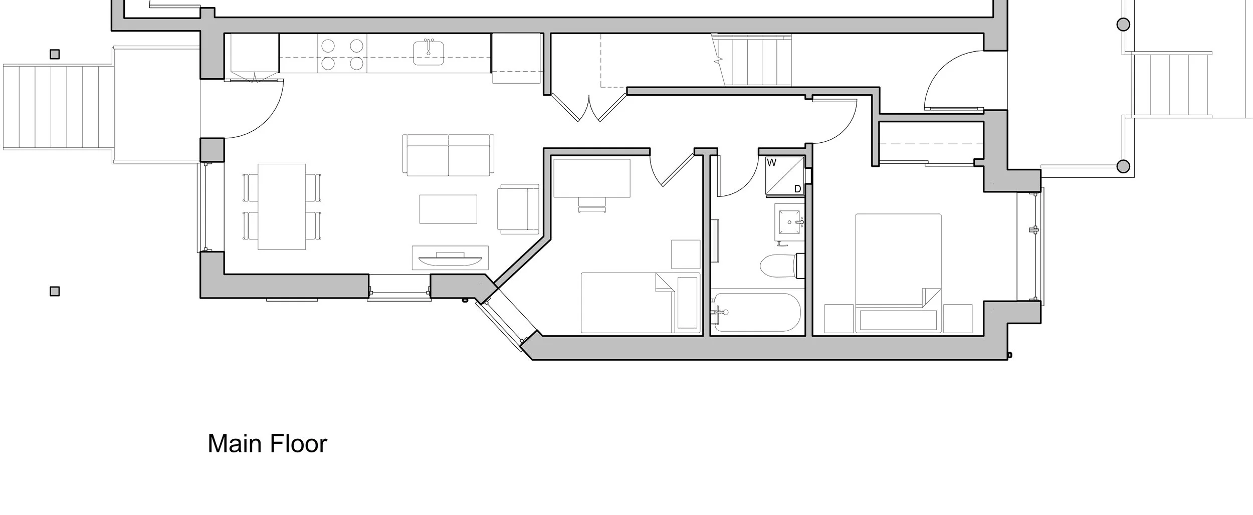 Floor plan of a house with rooms including a living room, dining area, kitchen, bedroom, bathroom, and laundry room, labeled 'Main Floor'.