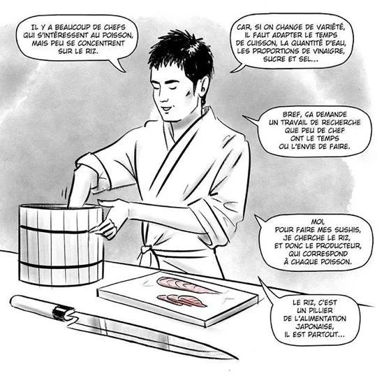 Le chef Okada Daisuke explique comment il sélectionne son riz à sushi.