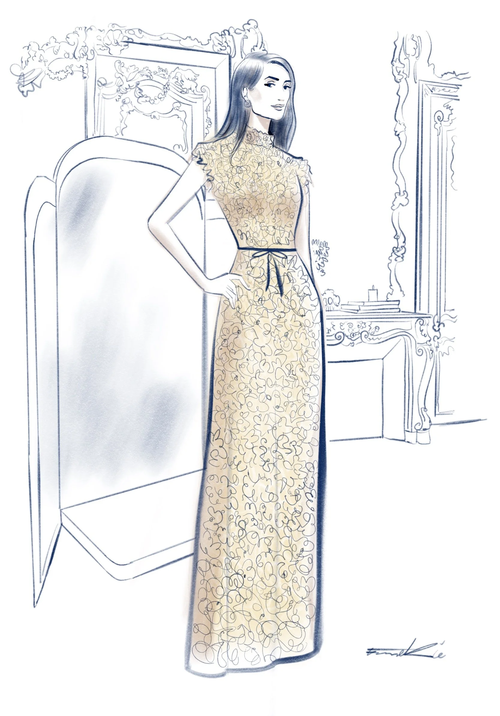 Portrait d'une cliente Dior pendant les essayages de la dernière collection.