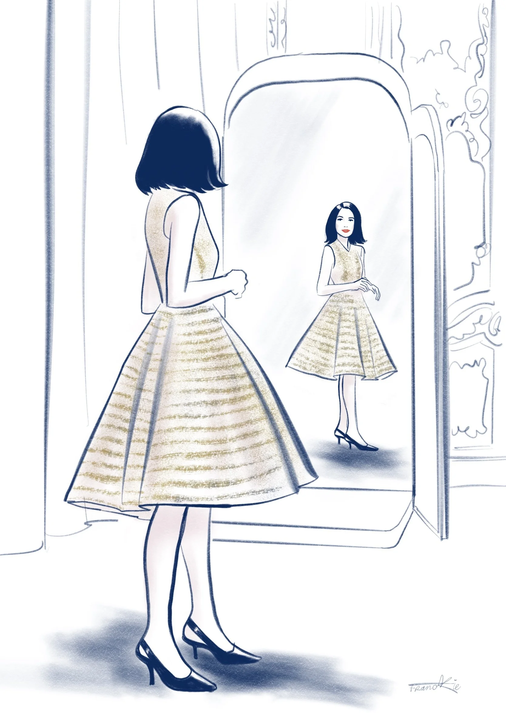 Portrait d'une cliente Dior pendant les essayages de la dernière collection.
