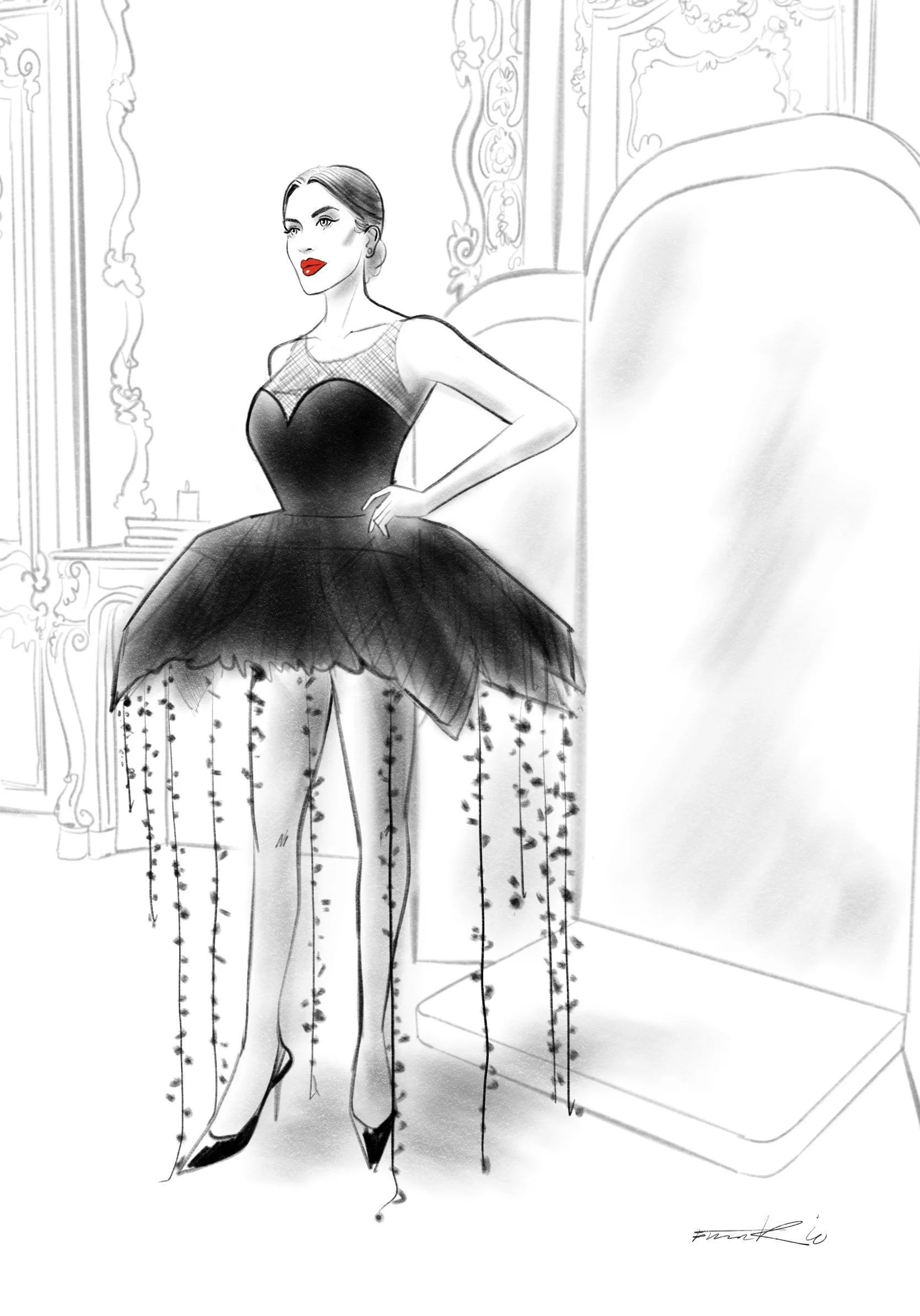 Portrait d'une cliente Dior pendant les essayages de la dernière collection.