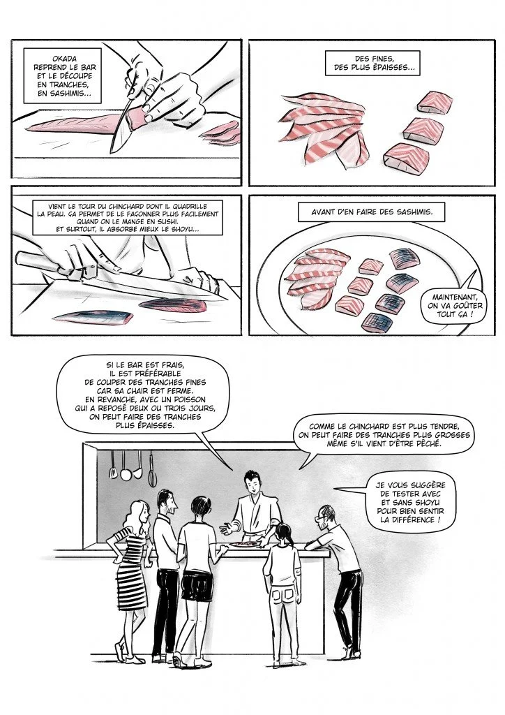 Le chef Okada Daisuke fait un cours sur la découpe du poisson.