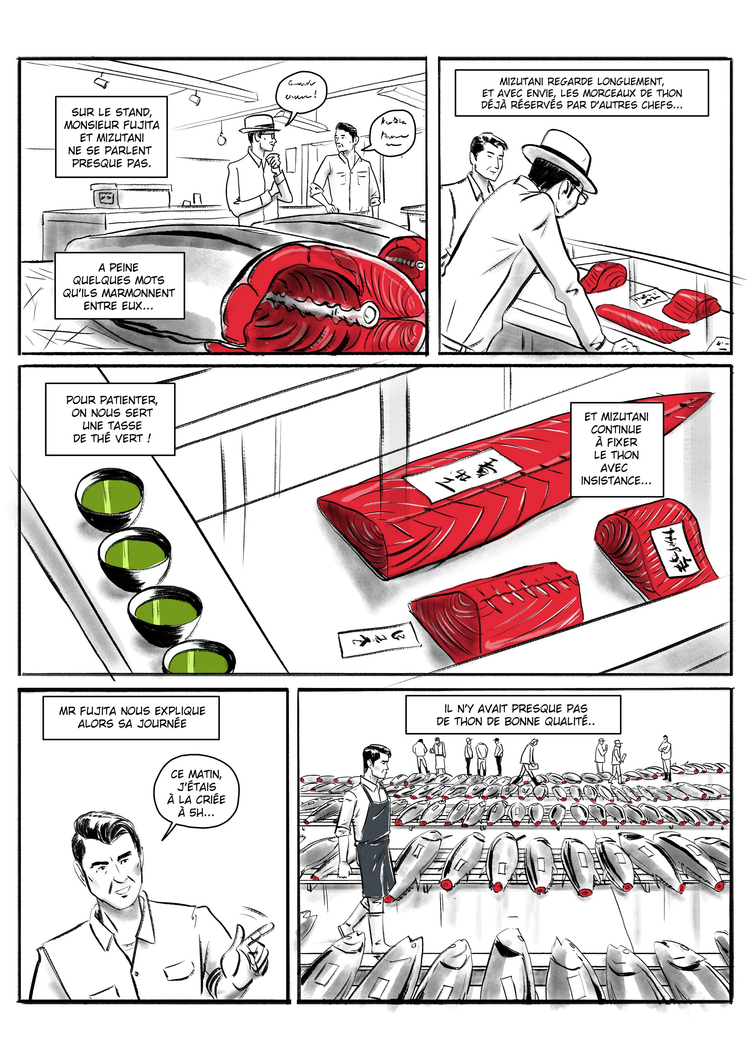 Planche de la BD l'art du sushi, maître Mizutani choisi le thon rouge au marché de Tsukiji.
