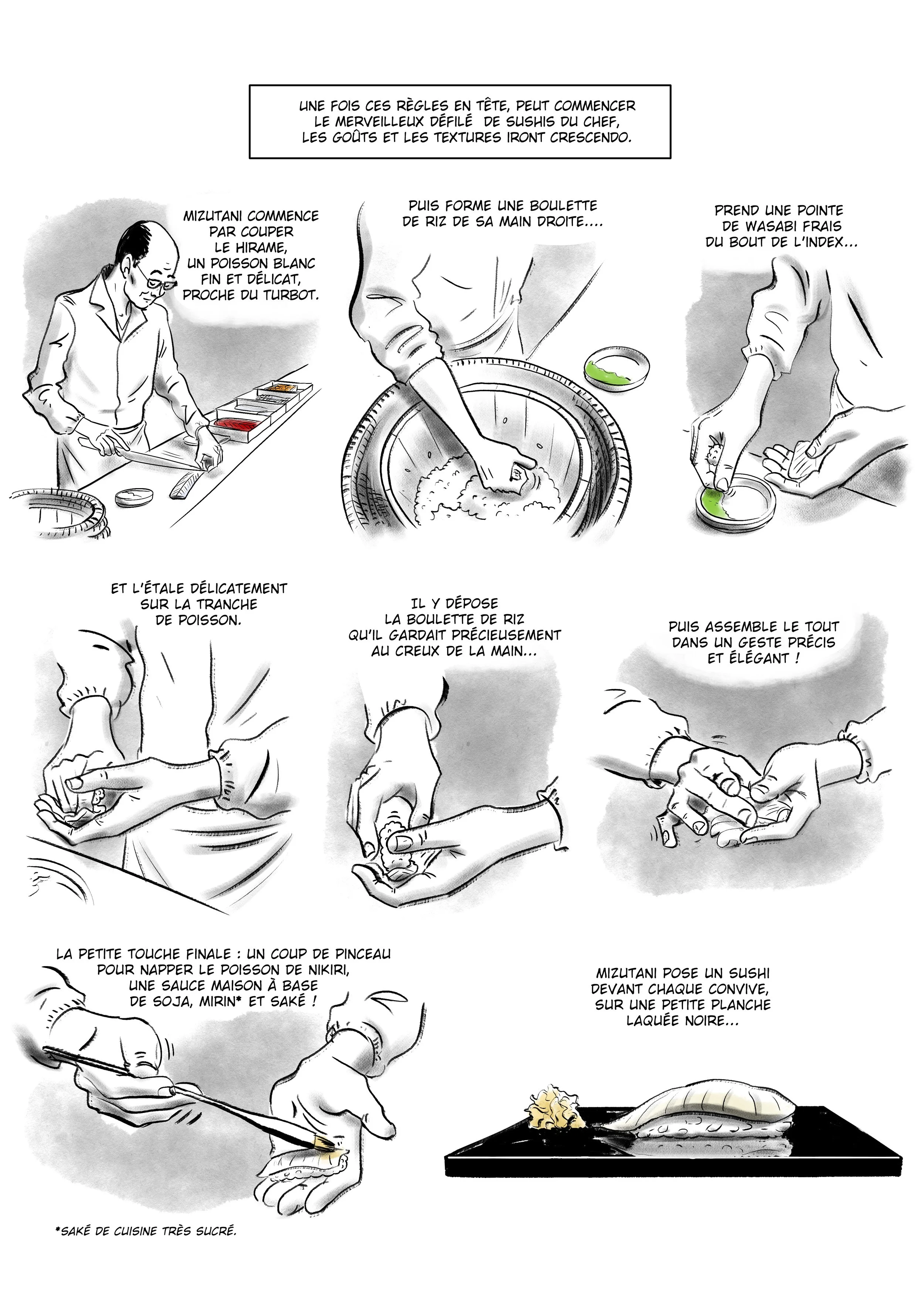 planche de la BD "l'art du sushi", séquence où Maître Mizutani confectionne un sushi.