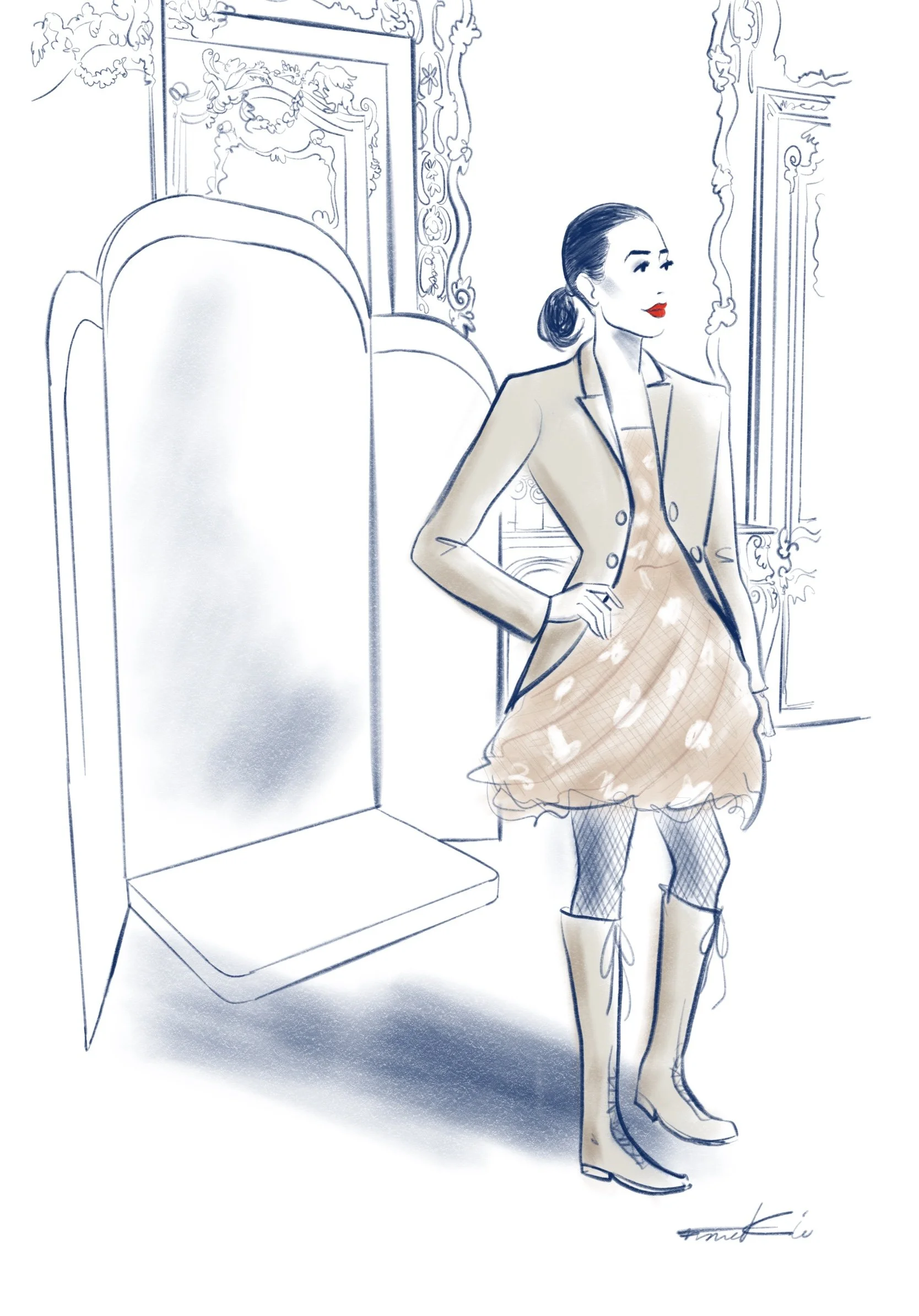 Portrait d'une cliente Dior pendant les essayages de la dernière collection.