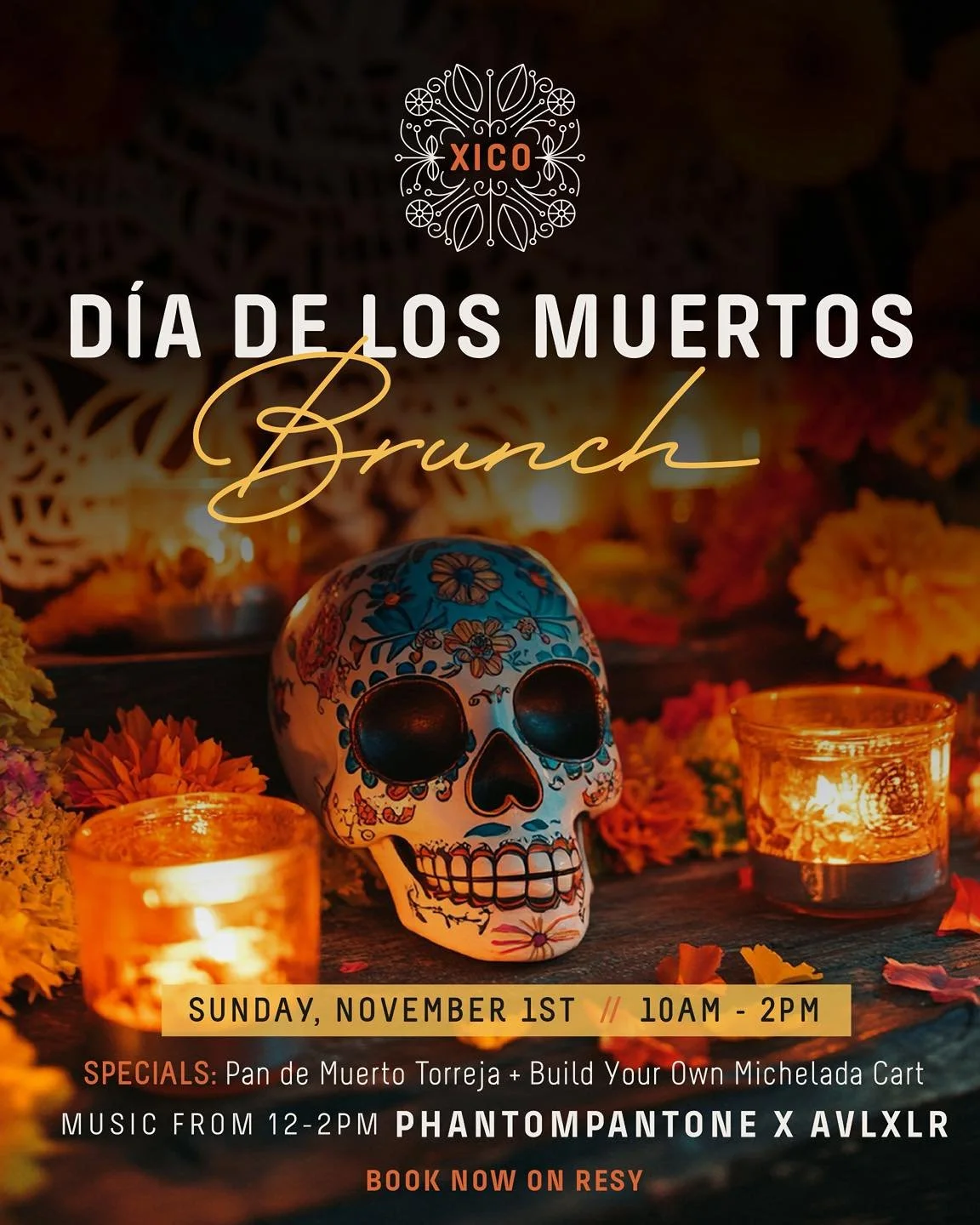 Welcome back the spirits of ancestors and family members with our Dia de los Muertos brunch. 💀

Enjoy menu specials, including our Pan de Muerto Torreja: French toast made with pan de muerto (a traditional Mexican sweet bread), topped with candied p