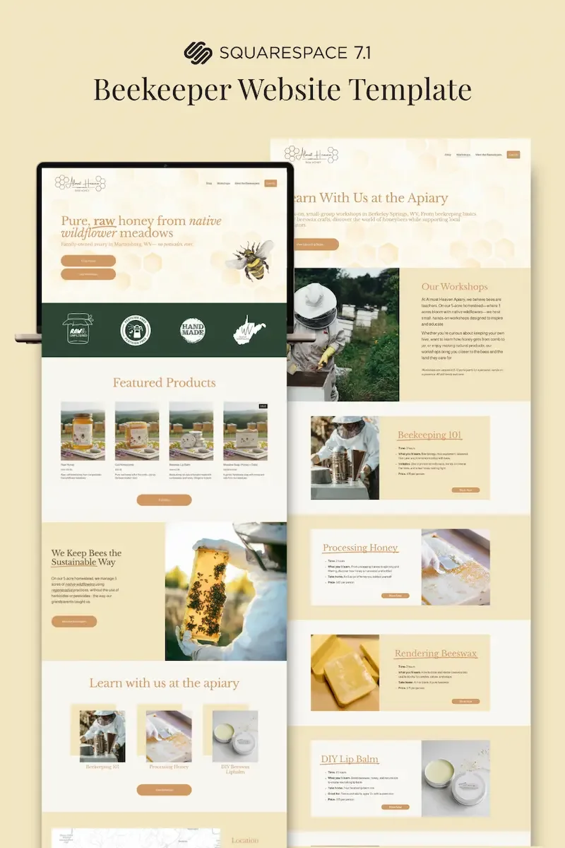 Screenshot of a bee-themed website template titled 'Beekeeper Website Template' by Squarespace 7.1, featuring images of honey and beekeeping workshops with sections on honey processing, beeswax rendering, and lip balm making.