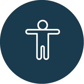 Icon of a person with arms outstretched inside a dark blue circle.