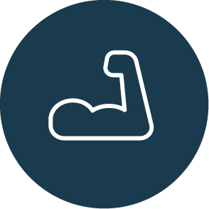 A white outline of a flexed bicep muscle on a dark blue circular background.