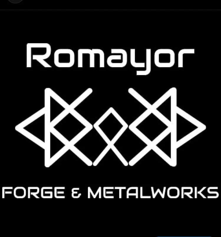 Logo with the text "Romayor Forge & Metalworks" above and below a decorative Norse rune design made of intersecting lines.