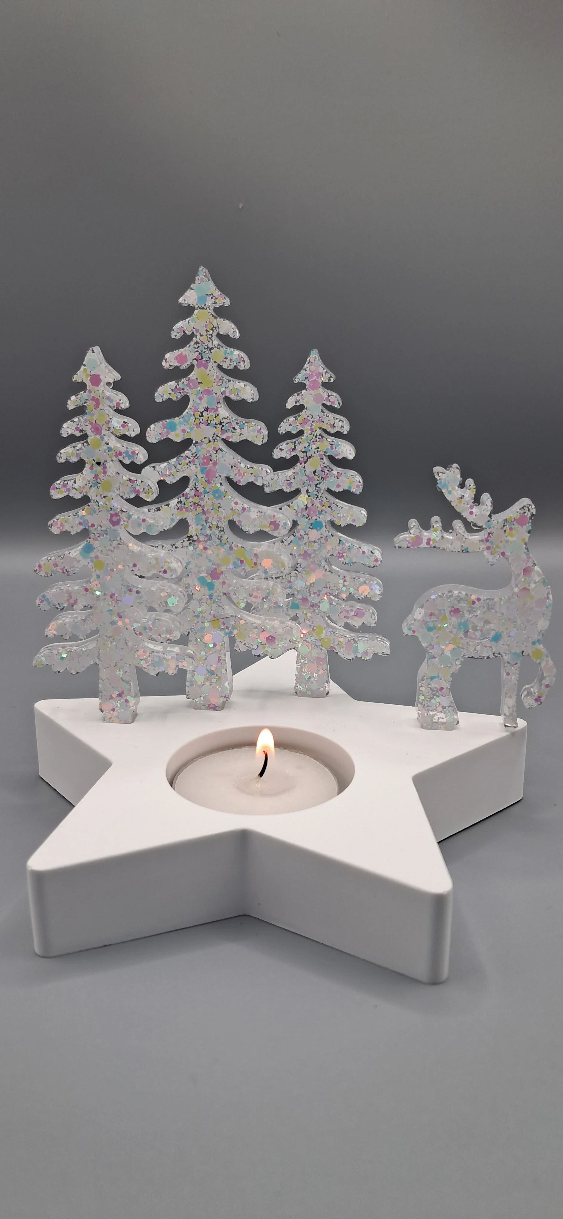 Christmas Star Tealight Holder /  White multi Christmas trees and Reindeer