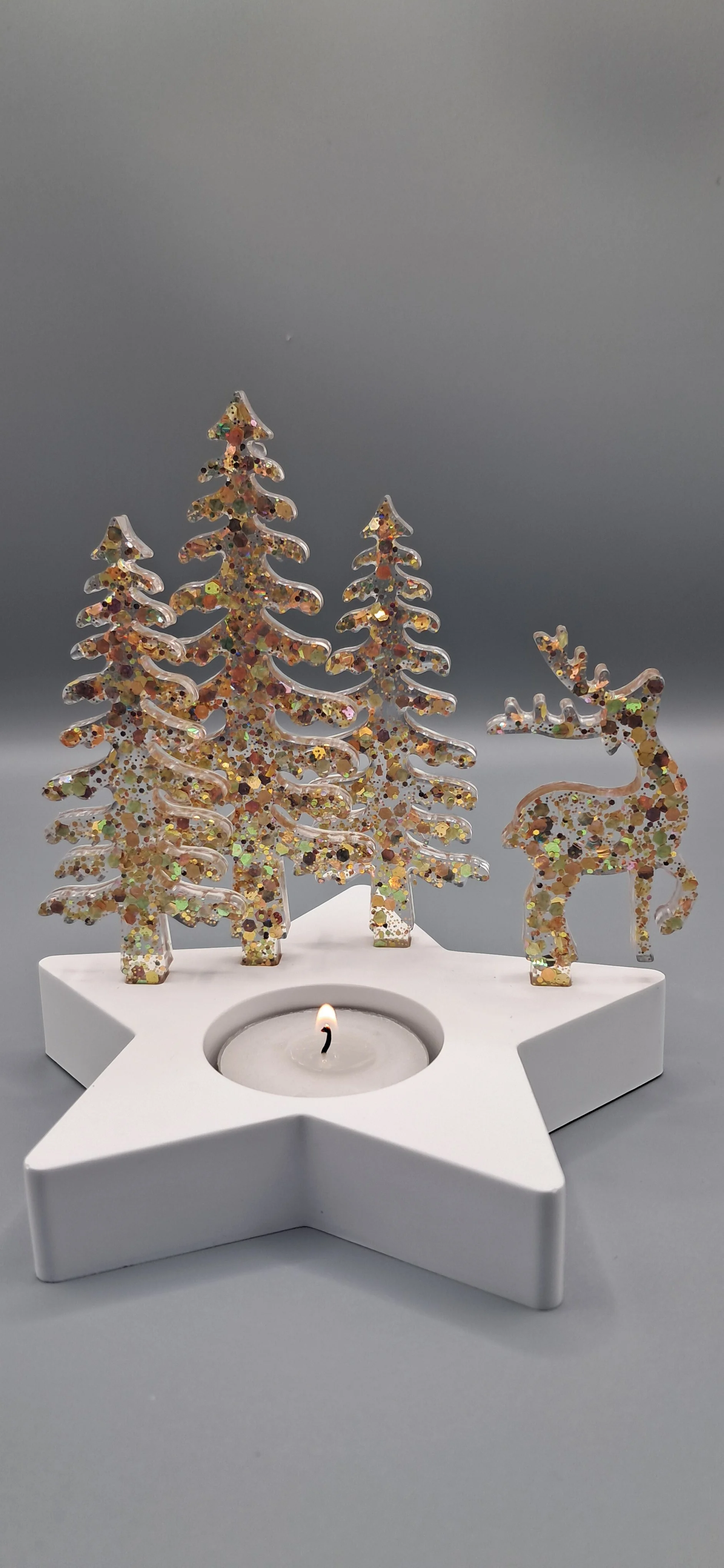 Christmas Star Tealight Holder / Gold multi Christmas Trees and Reindeer