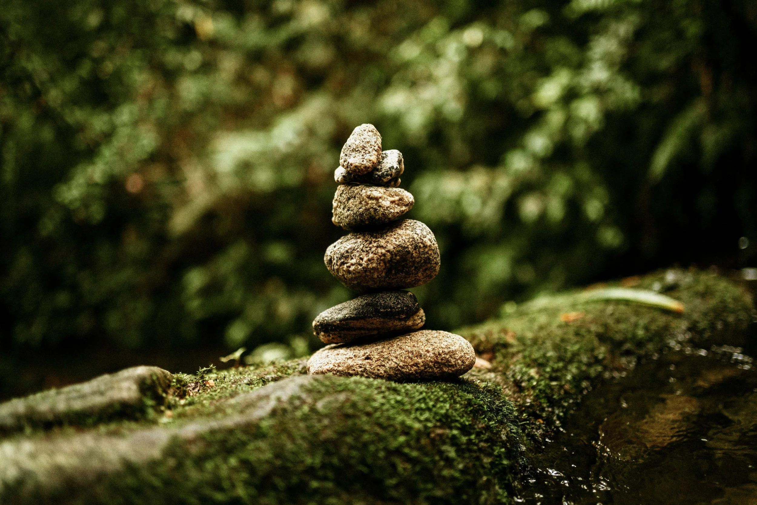 Stacked stone cairn in nature symbolizing grief, bereavement, loss, and emotional healing support