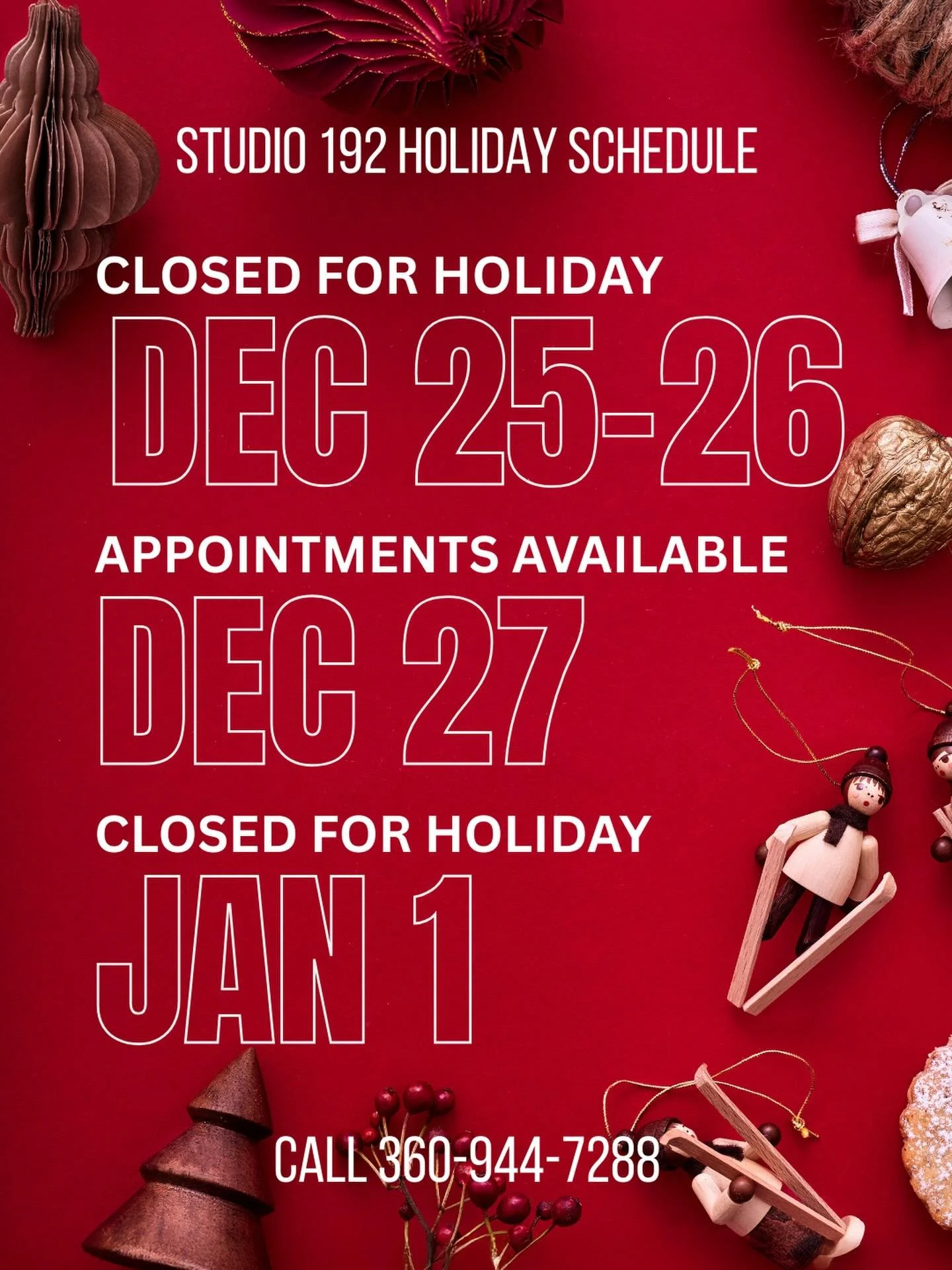 Thank you for making 2025 such a wonderful year at Studio 192. We truly appreciate your support and look forward to seeing you in the new year. 🧡

We have a few appointments still available!