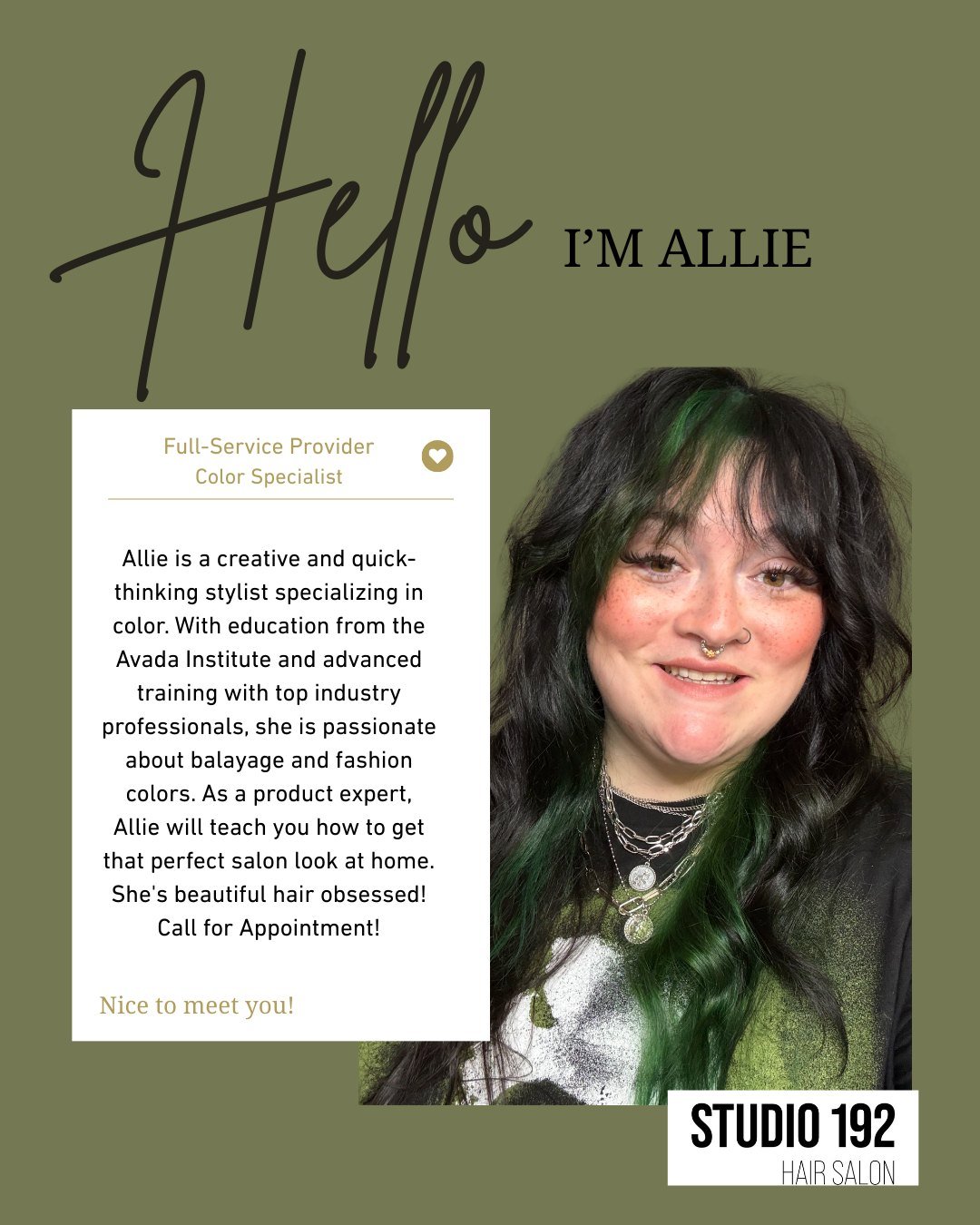 Allie is a color-obsessed stylist 
known for her creative eye and quick thinking behind the chair. 
Trained at the Aveda Institute and mentored by some of the best in the industry, 
she specializes in balayage and fashion color. 
As a product expert,