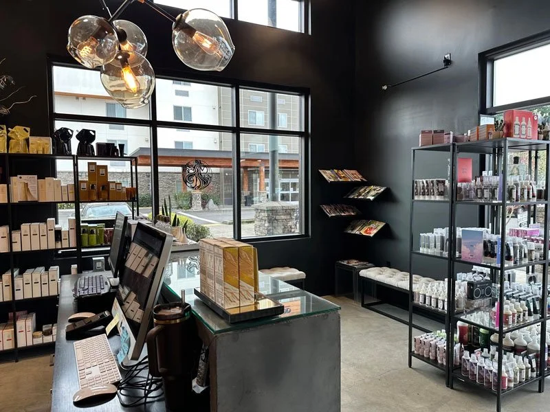 natural lit lobby of Studio 192 with product on shelves