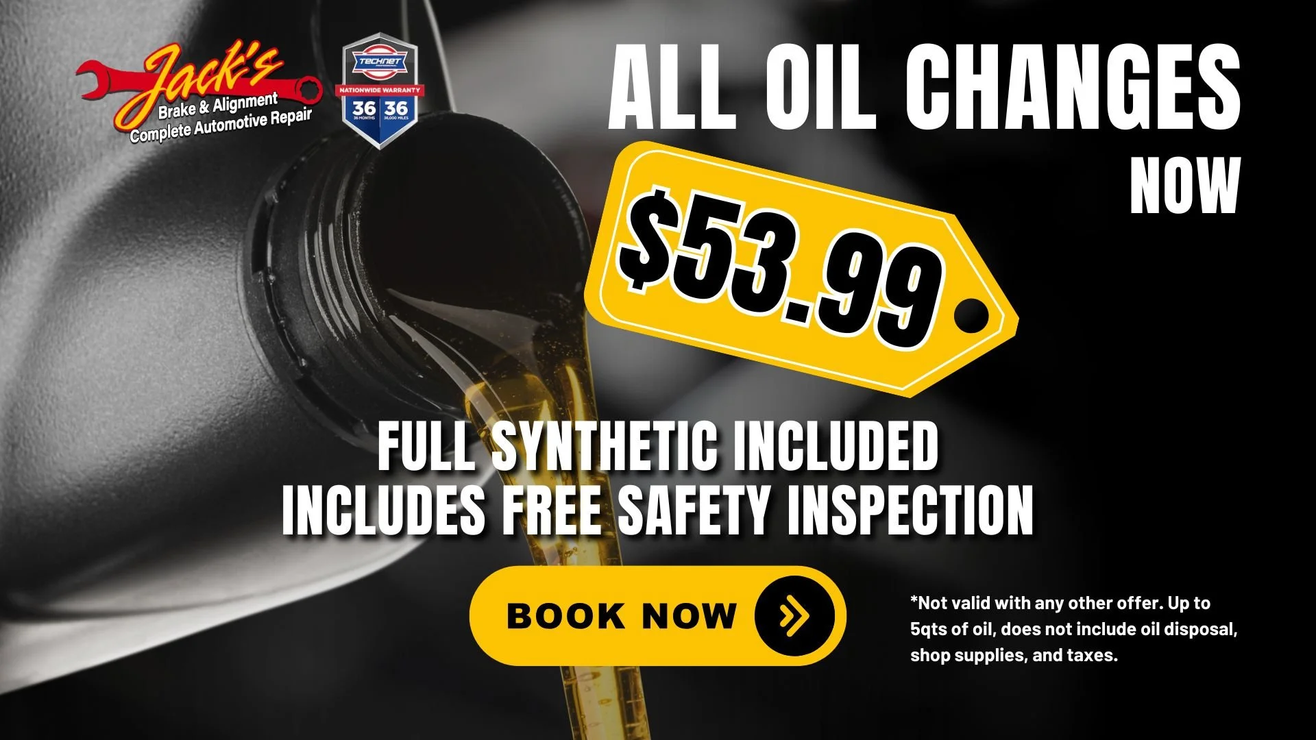 Full synthetic oil change service at Jack's Brake and Alignment in Davenport Iowa including vehicle safety inspection