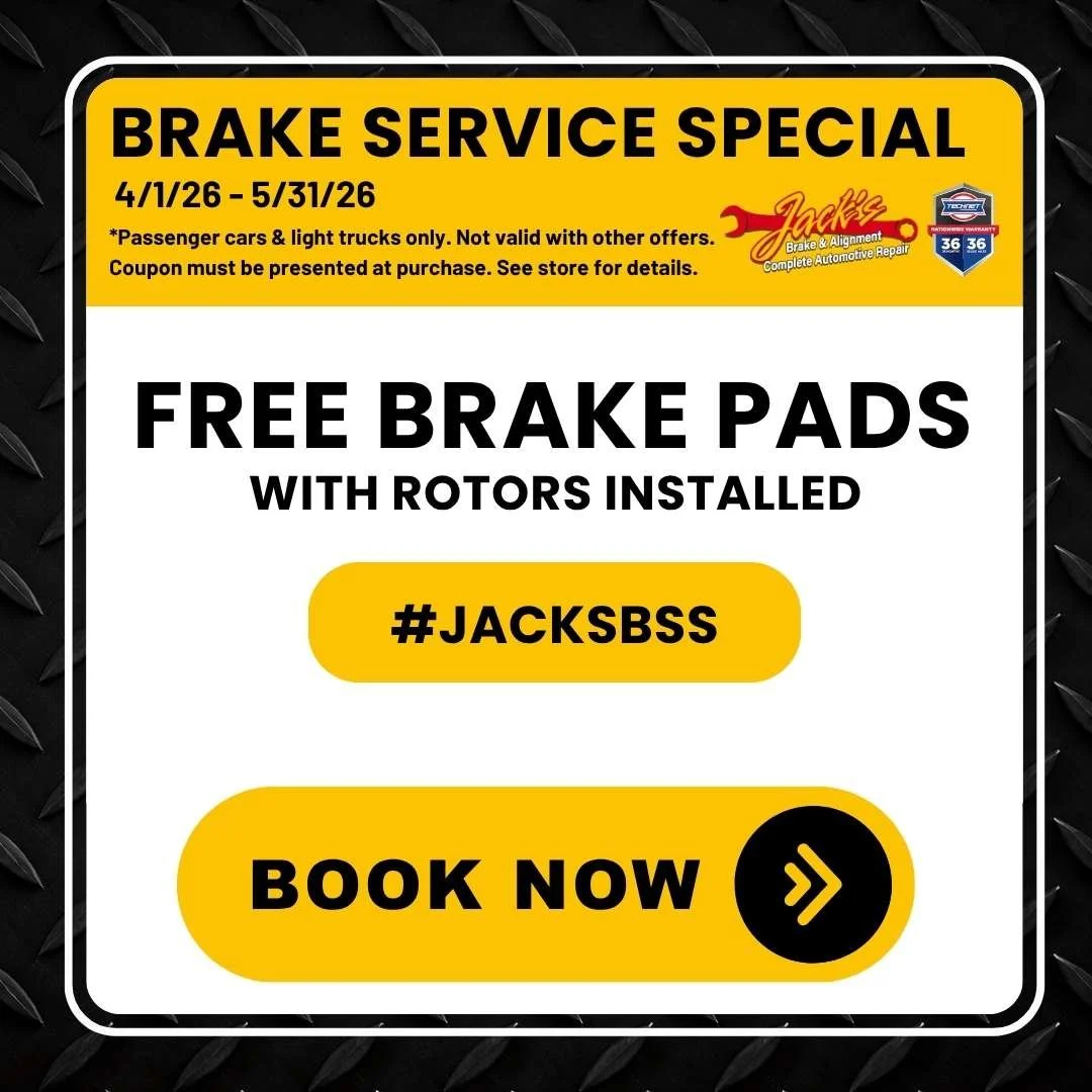 Brake service special at Jack’s Brake & Alignment offering free brake pads with rotor installation for passenger cars and light trucks in Davenport Iowa