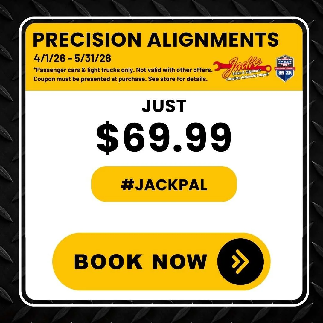 Precision wheel alignment service special for 69.99 at Jack’s Brake & Alignment in Davenport Iowa for improved tire wear and handling